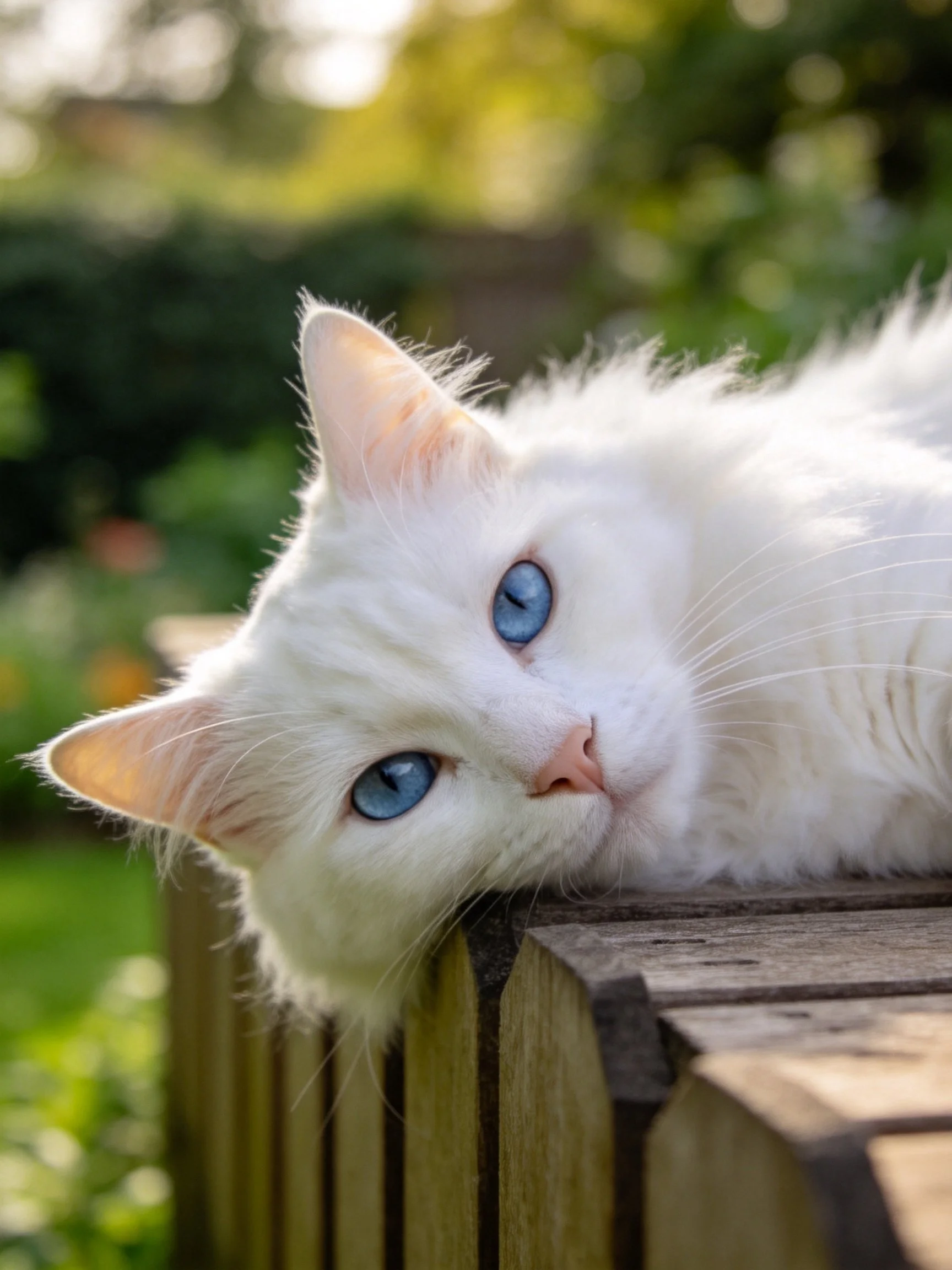 A white cat with blue eyes relaxes on a wooden fence amid greenery.