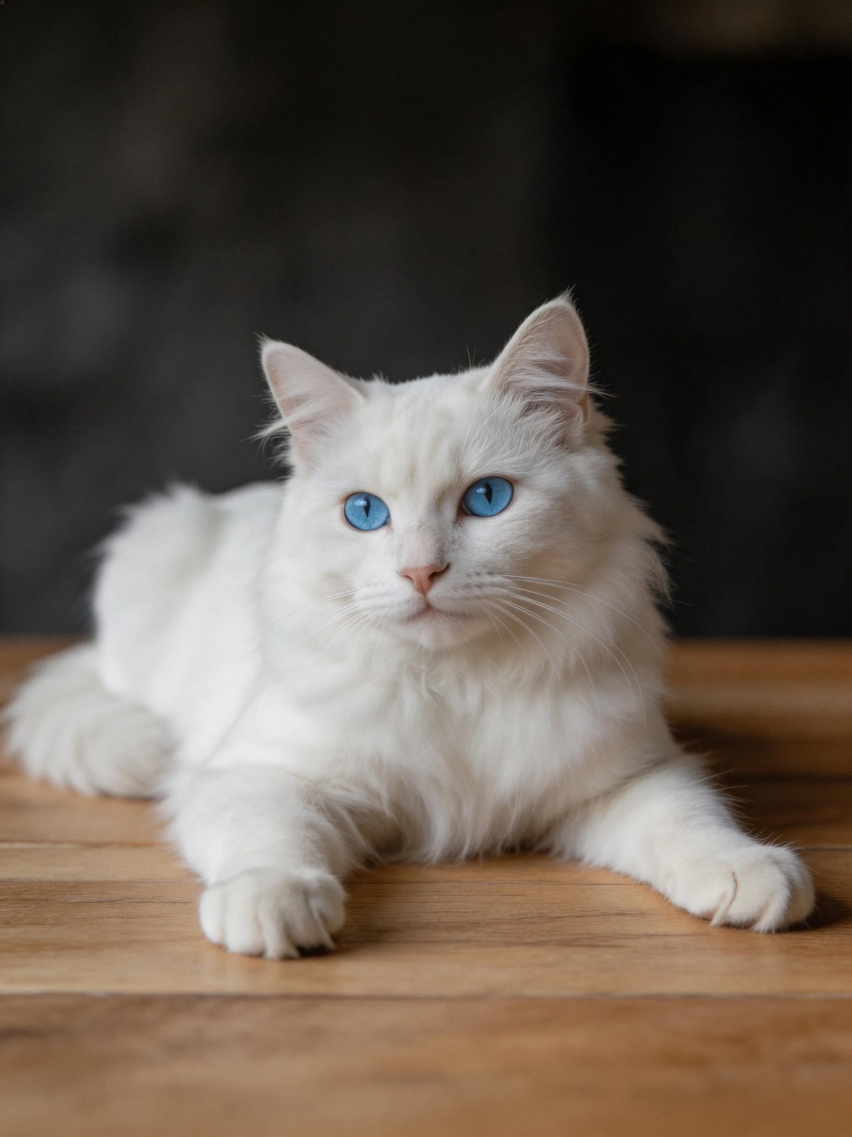 A white, fluffy cat with blue eyes lies calmly on wood