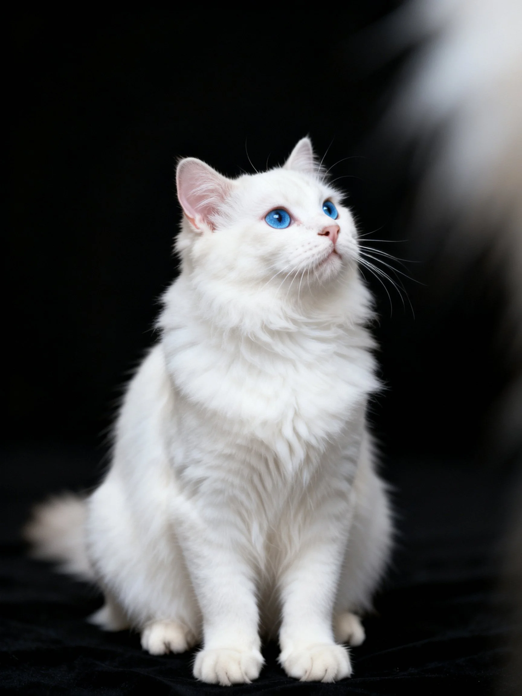 A white cat with blue eyes sits attentively against a dark background.