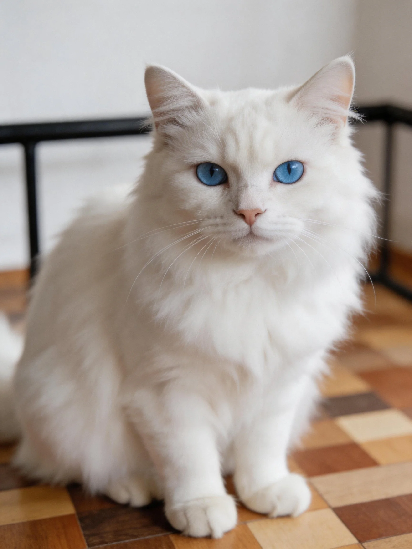 A fluffy white cat with blue eyes sits calmly on a checkered surface