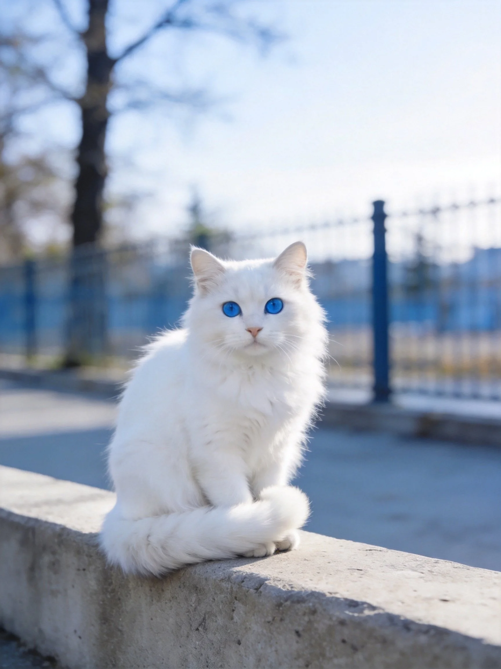 A white cat with blue eyes sits calmly on an outdoor concrete ledge.