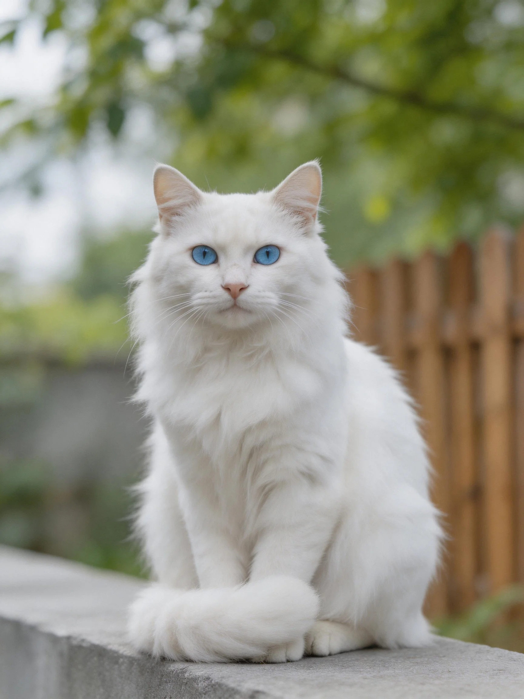 A white long-haired cat with blue eyes rests on a concrete ledge in an outdoor setting.