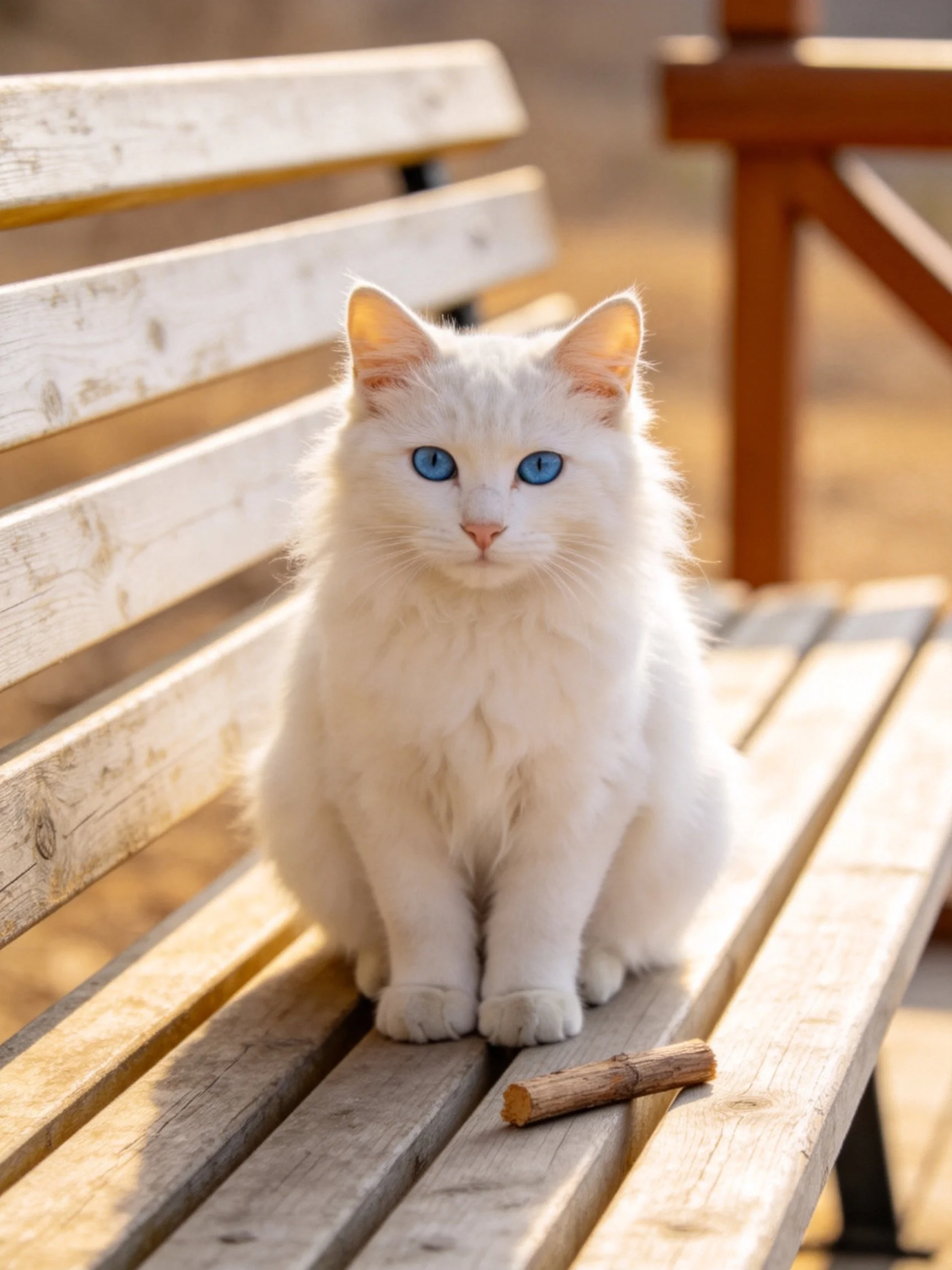 A white cat with blue eyes sits calmly on a weathered wooden bench.
