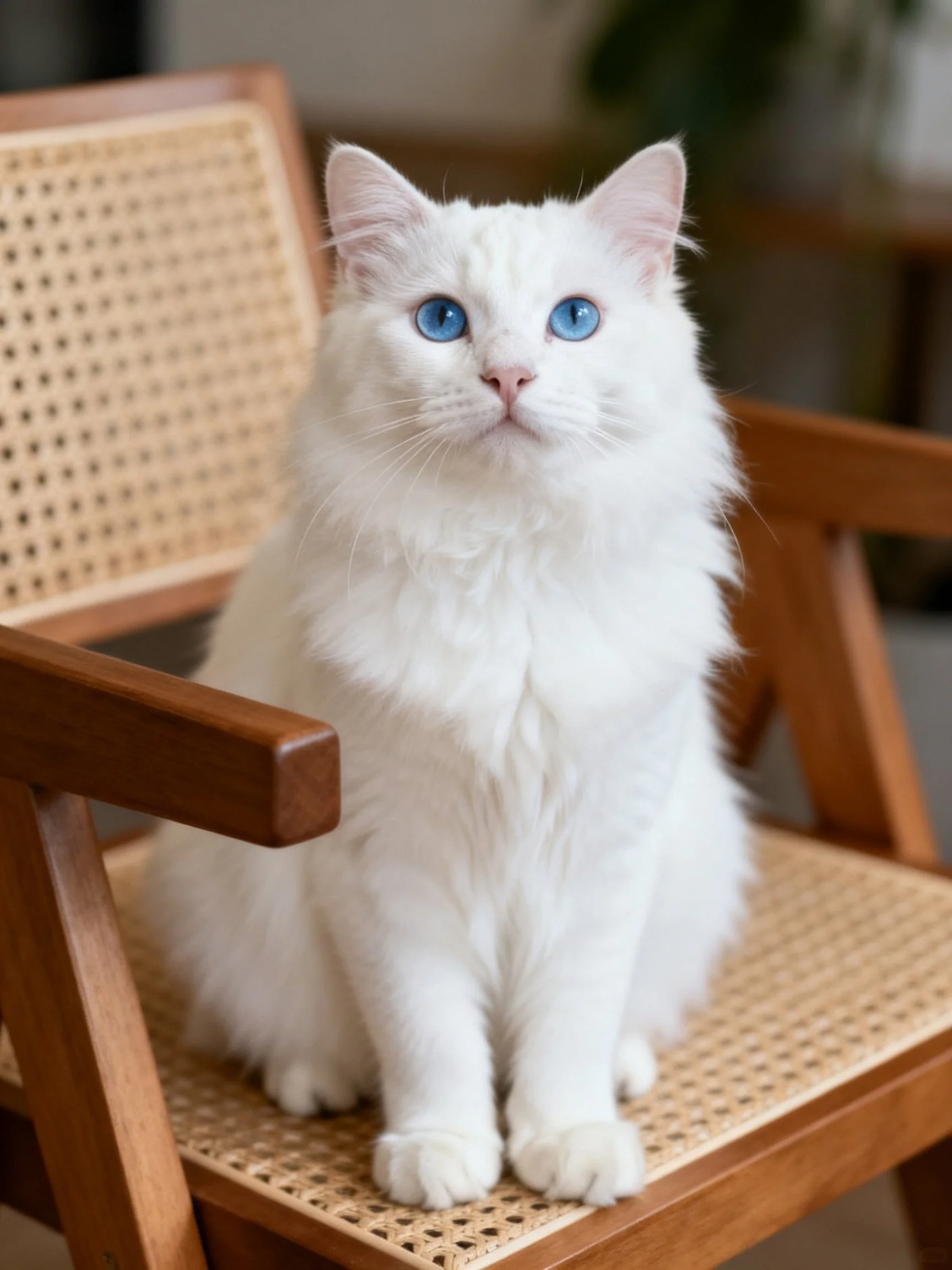 Fluffy white cat with blue eyes sits on a wooden cane chair