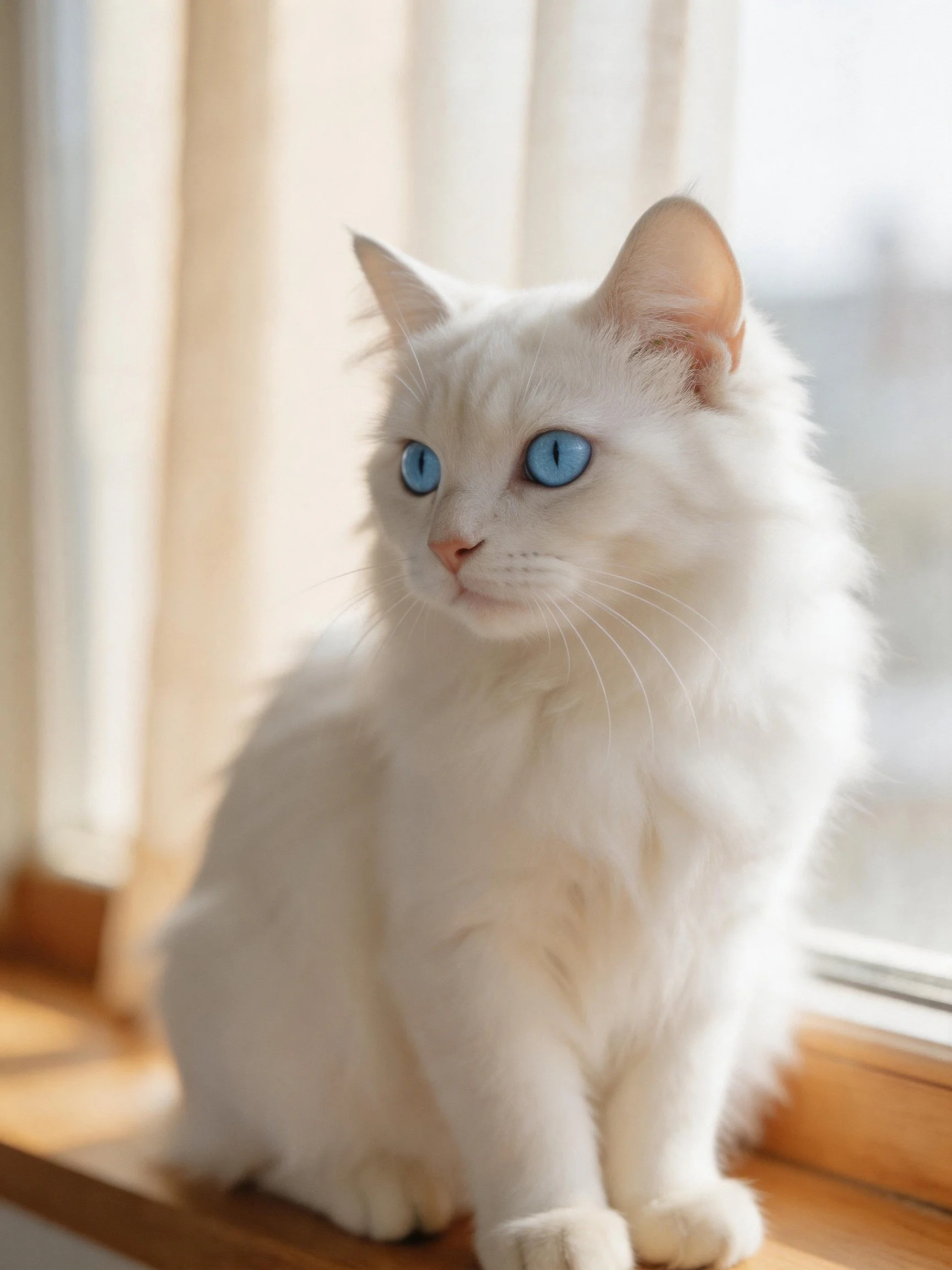 A white cat with blue eyes rests on a windowsill near a window.