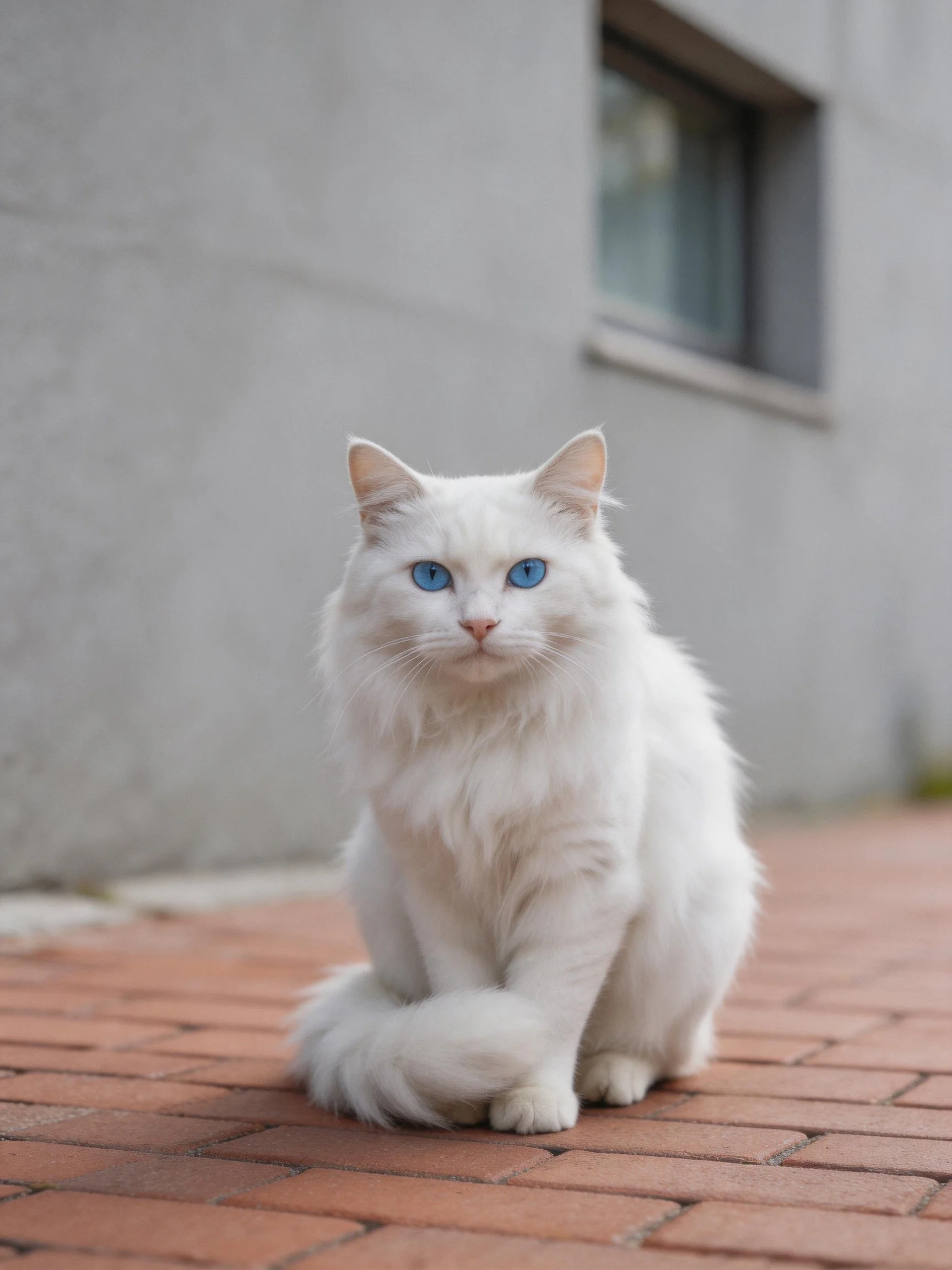 A fluffy white cat with blue eyes sits calmly on red brick pavement beside a gray building.