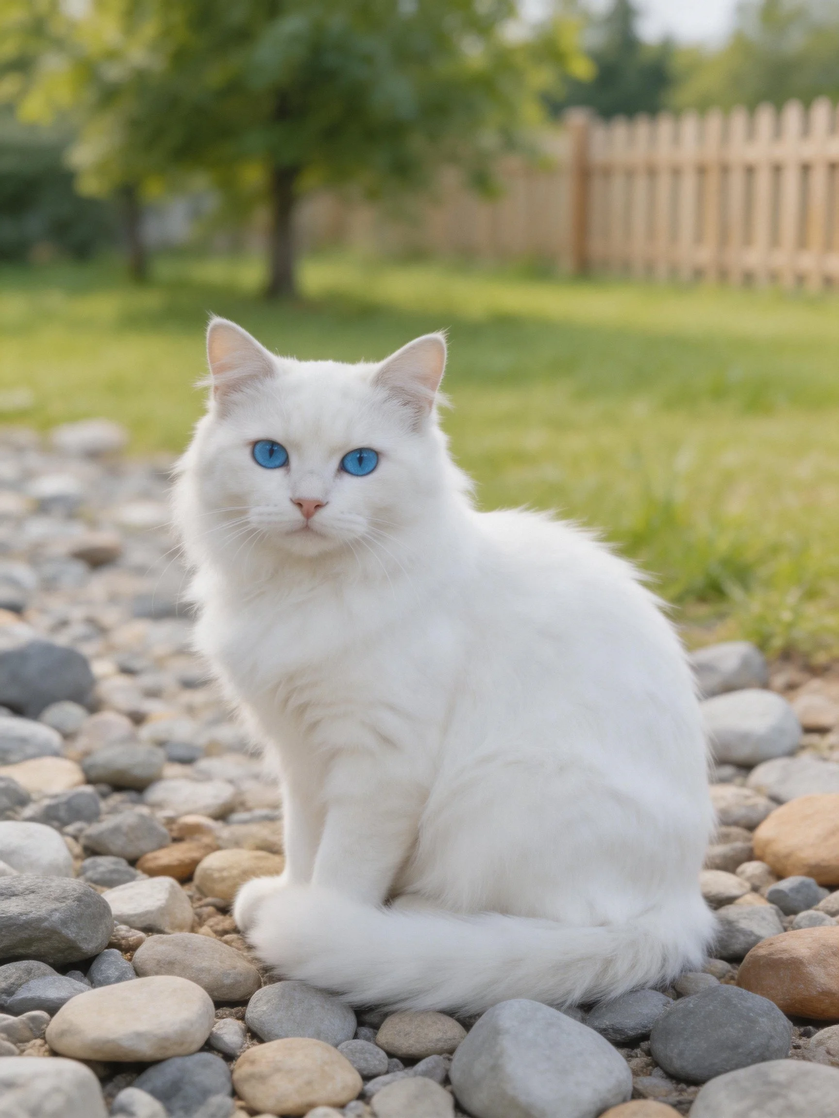 A fluffy white cat with blue eyes sits on pebbles in an outdoor setting.