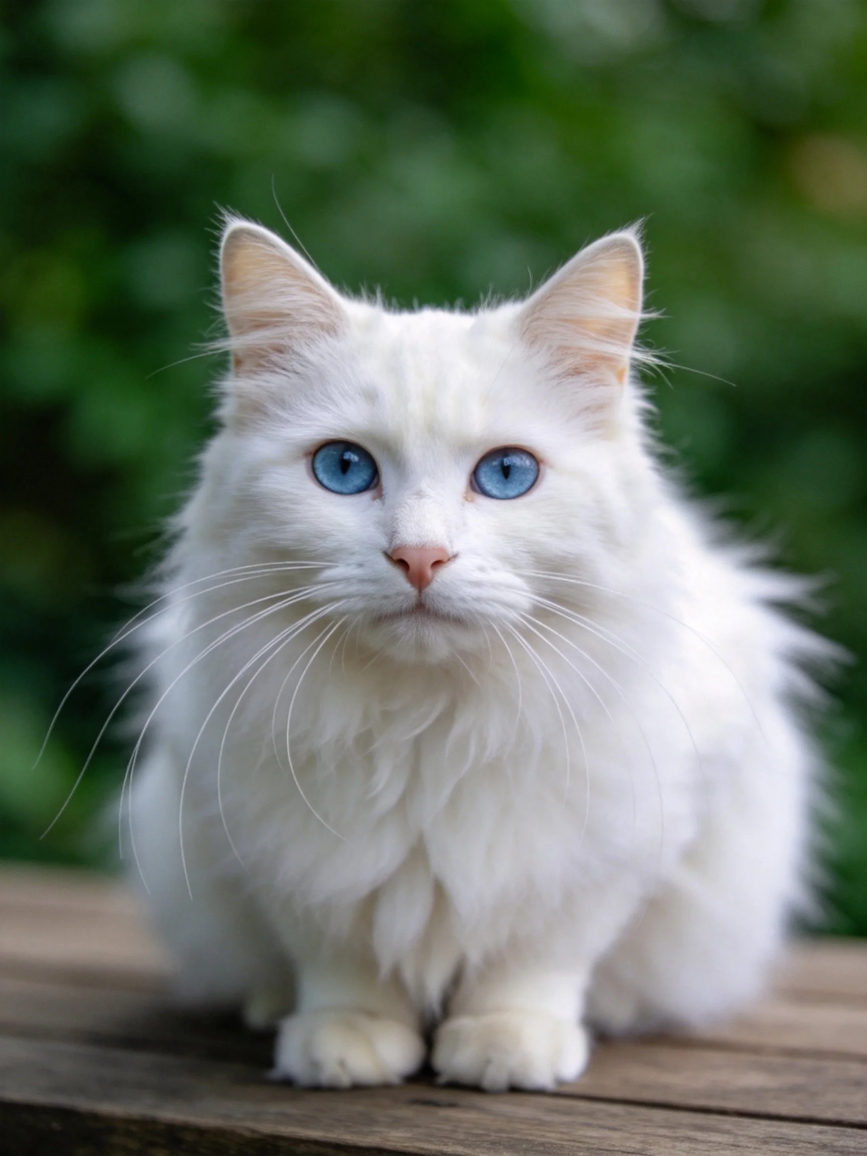 A white cat with blue eyes sits on a wooden surface