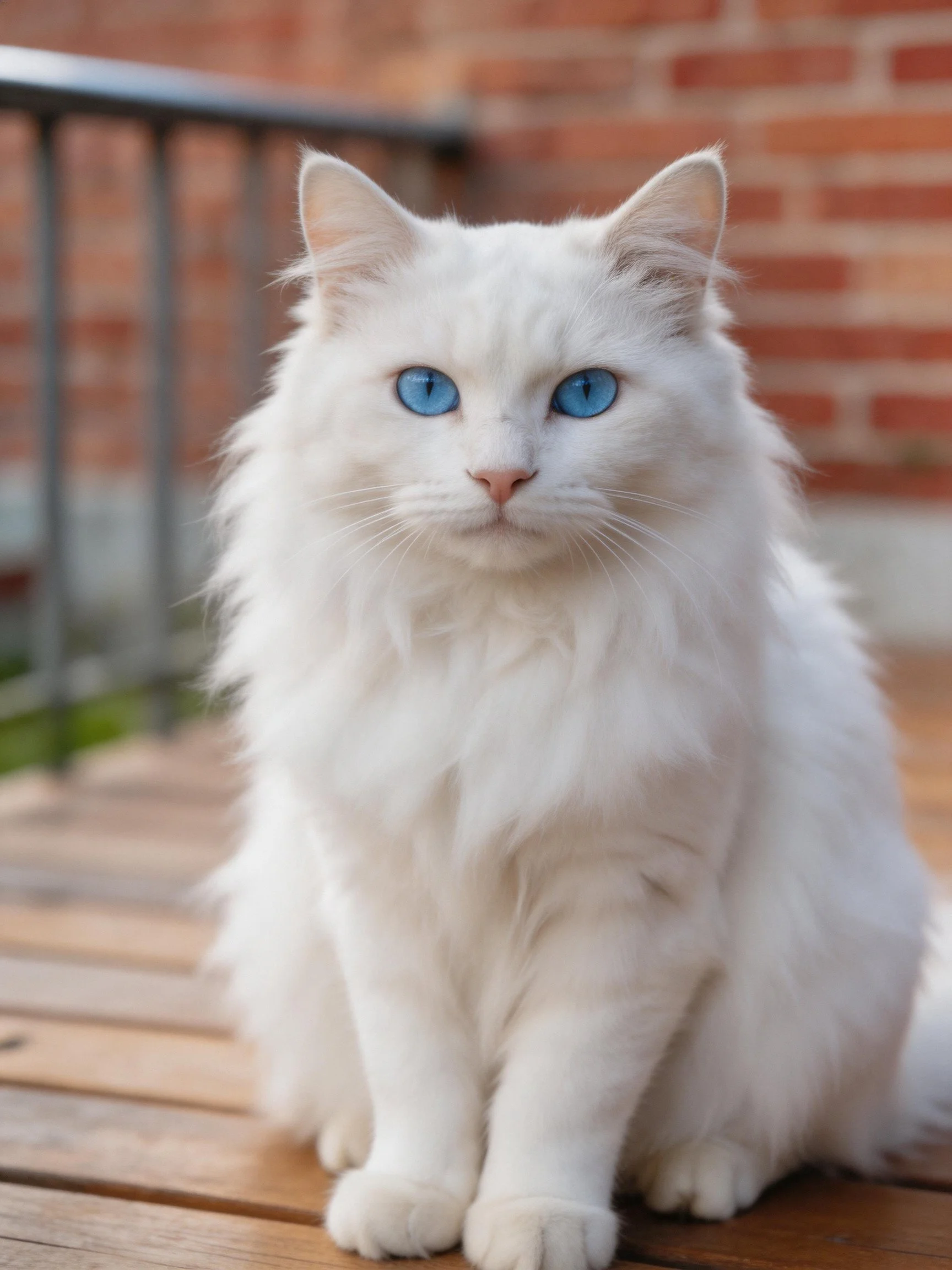 A fluffy white cat with blue eyes sits calmly on a wooden surface next to a brick wall.