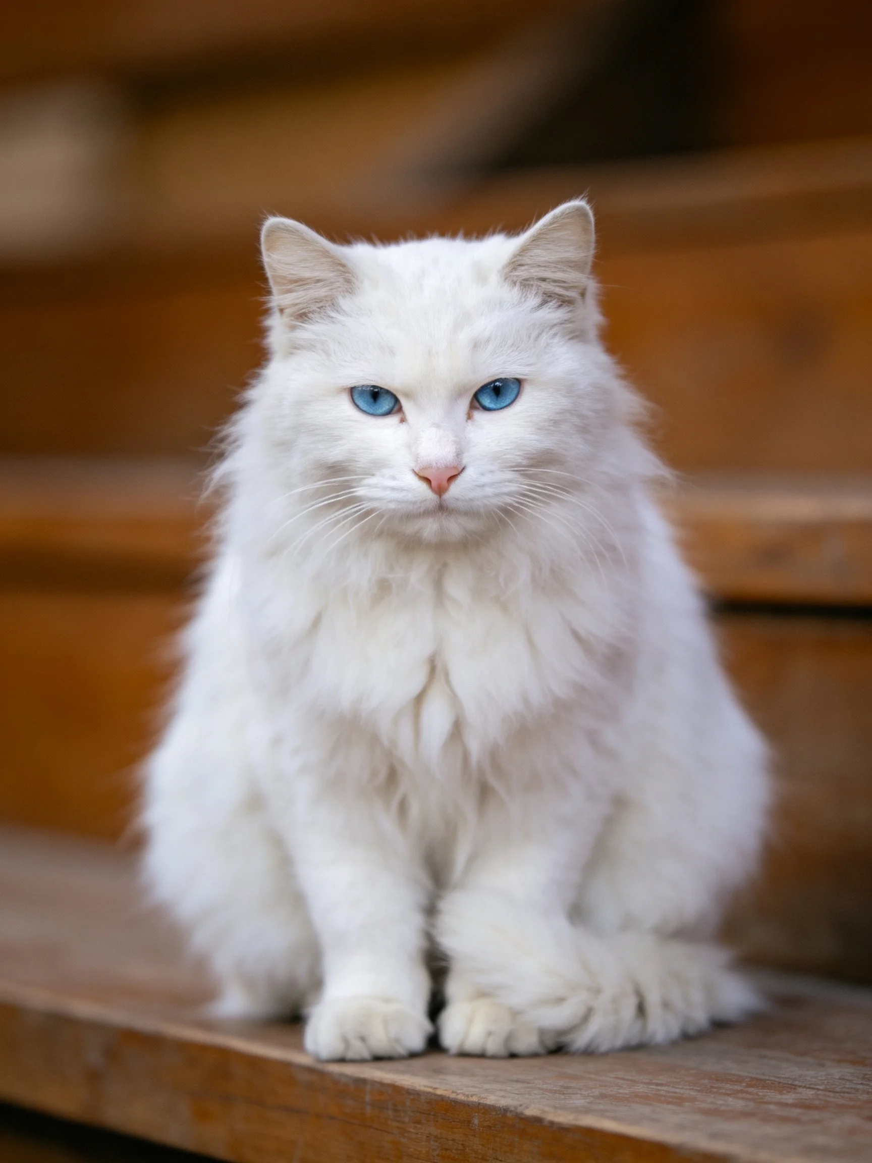 A fluffy white cat with blue eyes sits calmly on wooden steps