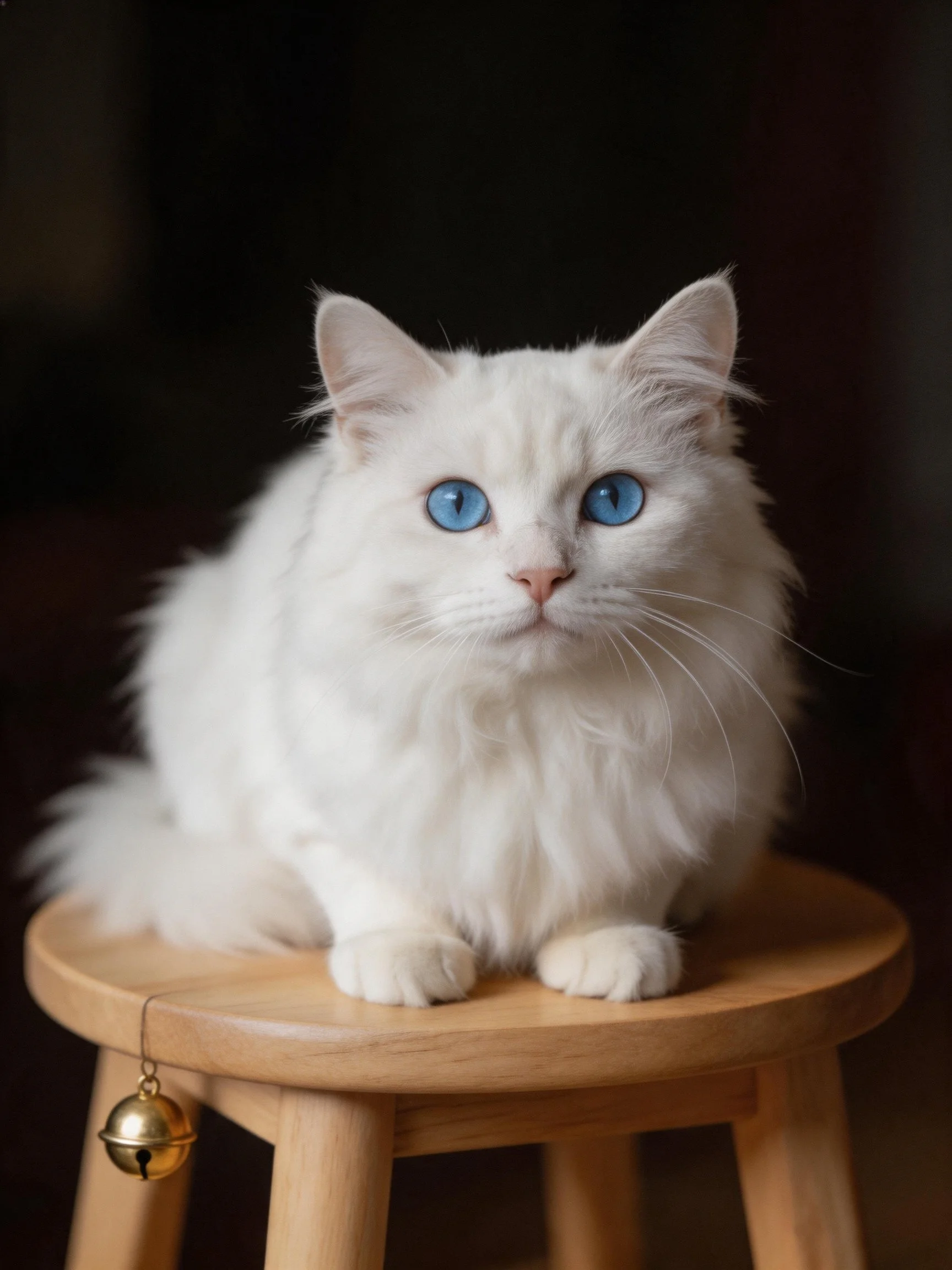 A fluffy white cat with blue eyes rests on a wooden stool.