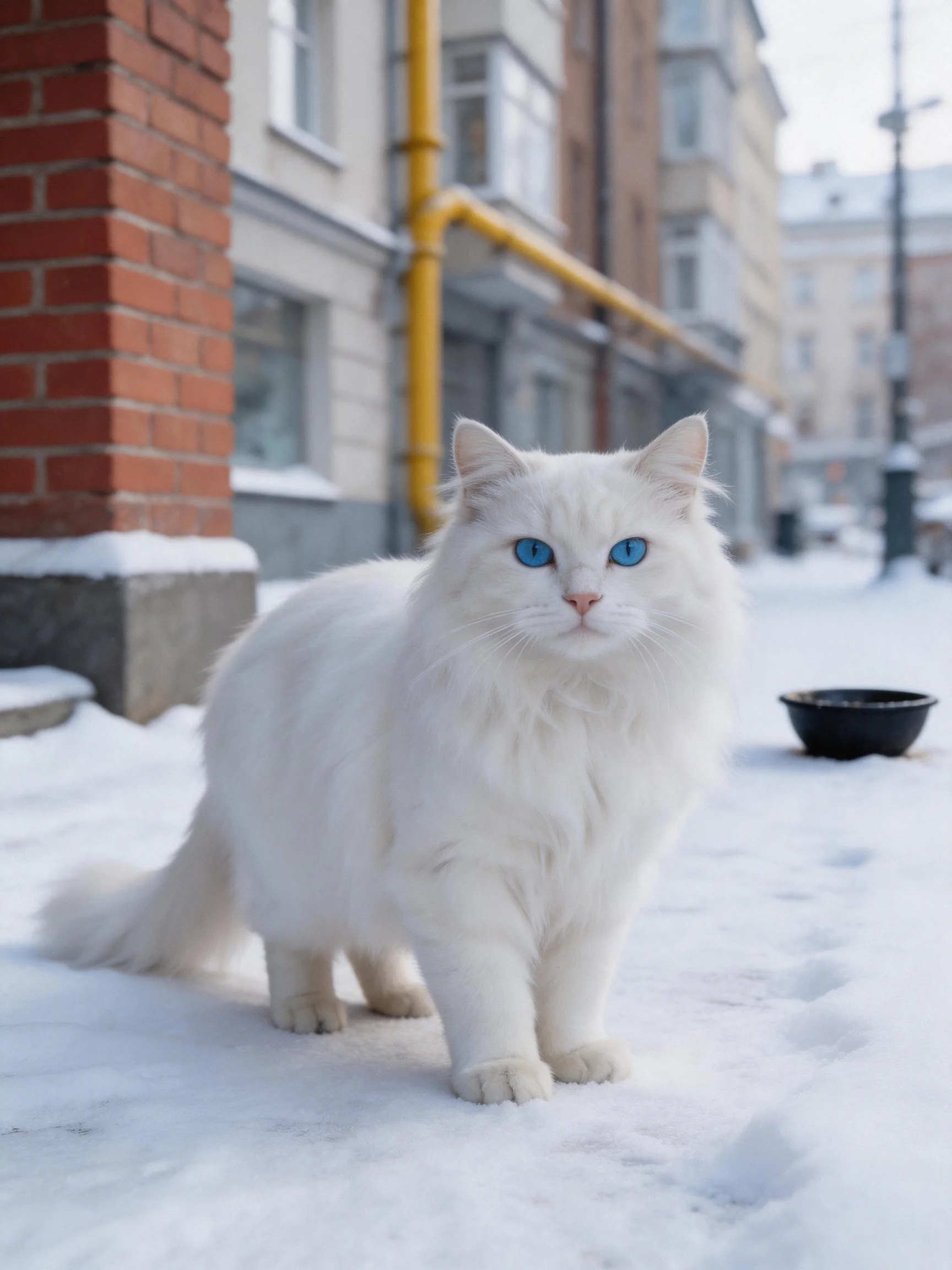 A white cat with blue eyes stands on a snowy city sidewalk near buildings.