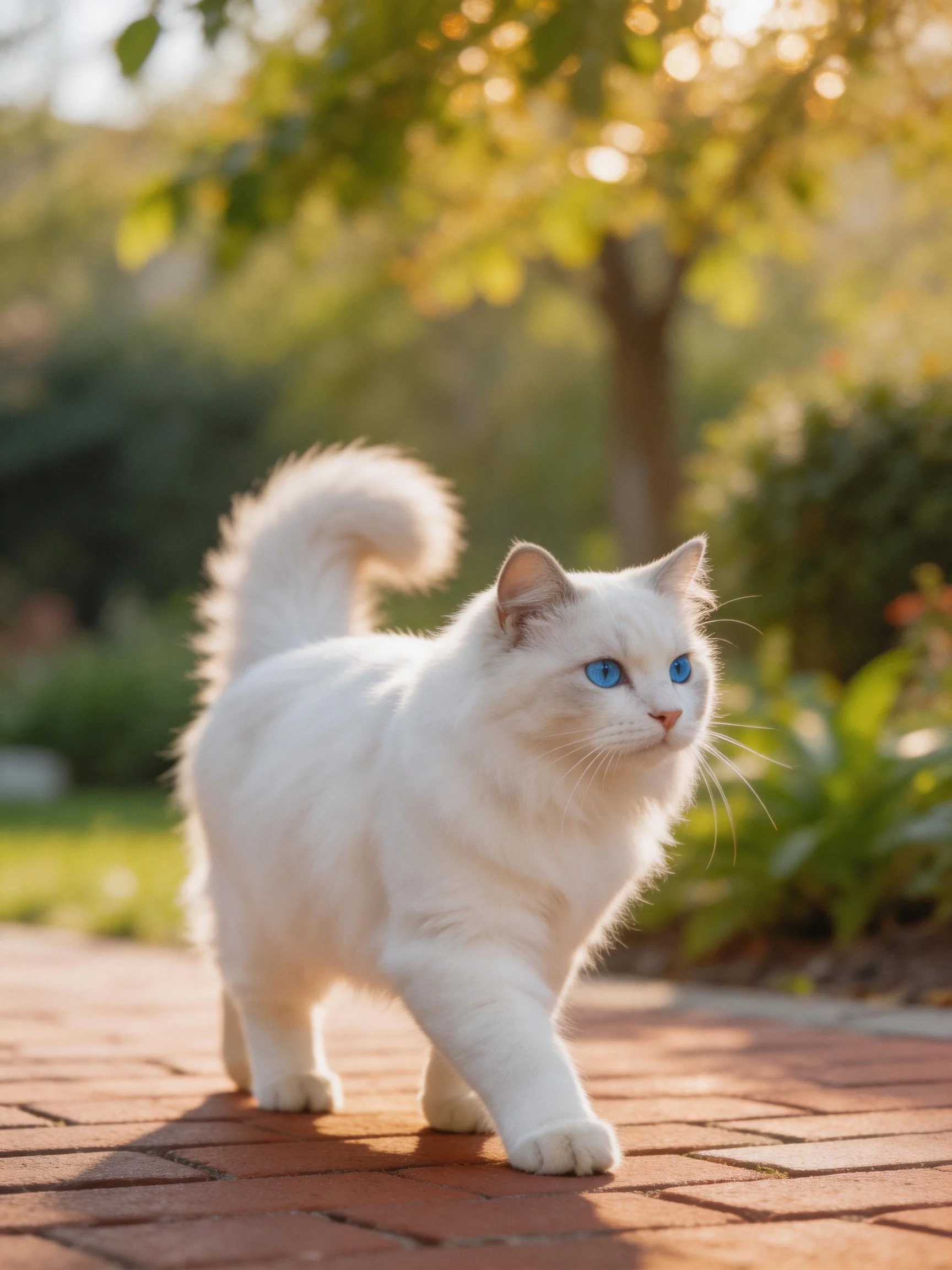 A white cat with blue eyes walks along a brick path in a sunlit garden.