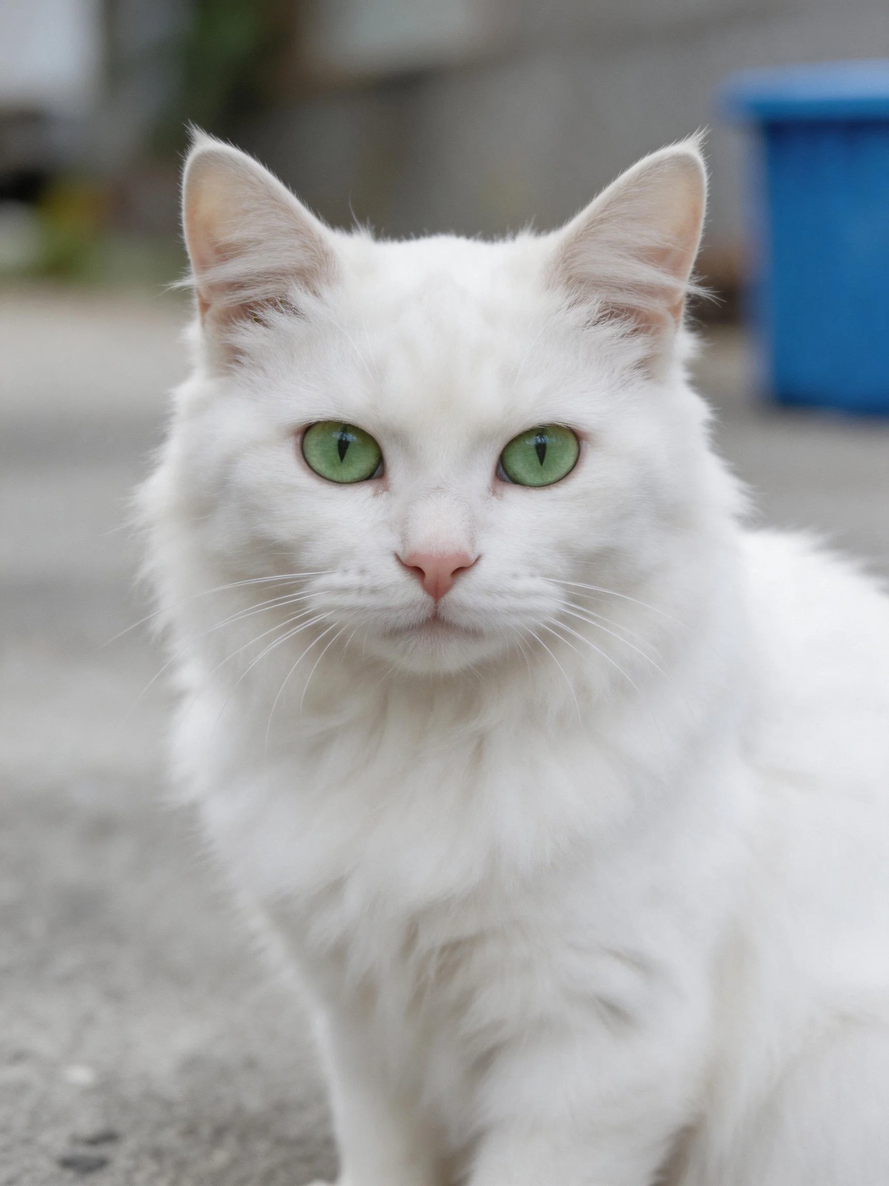 A fluffy white cat with bright green eyes sits outdoors.