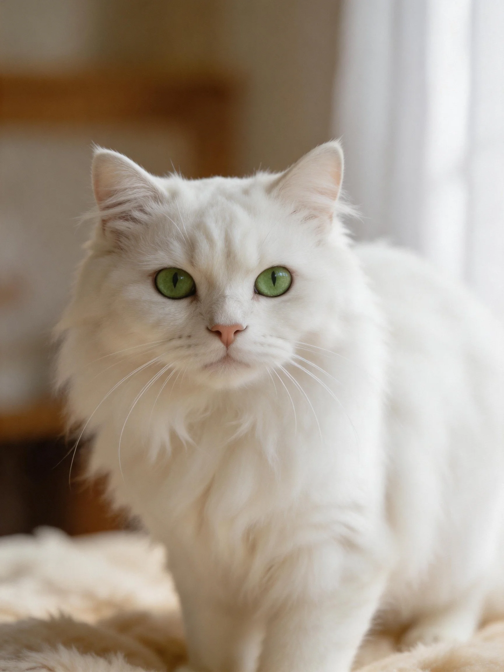 A fluffy white cat with green eyes sits in a softly lit indoor area.