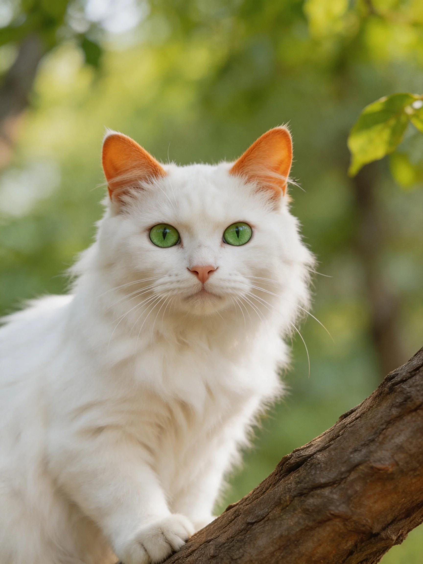 A white cat with green eyes rests on a tree branch amid a lush, green backdrop.