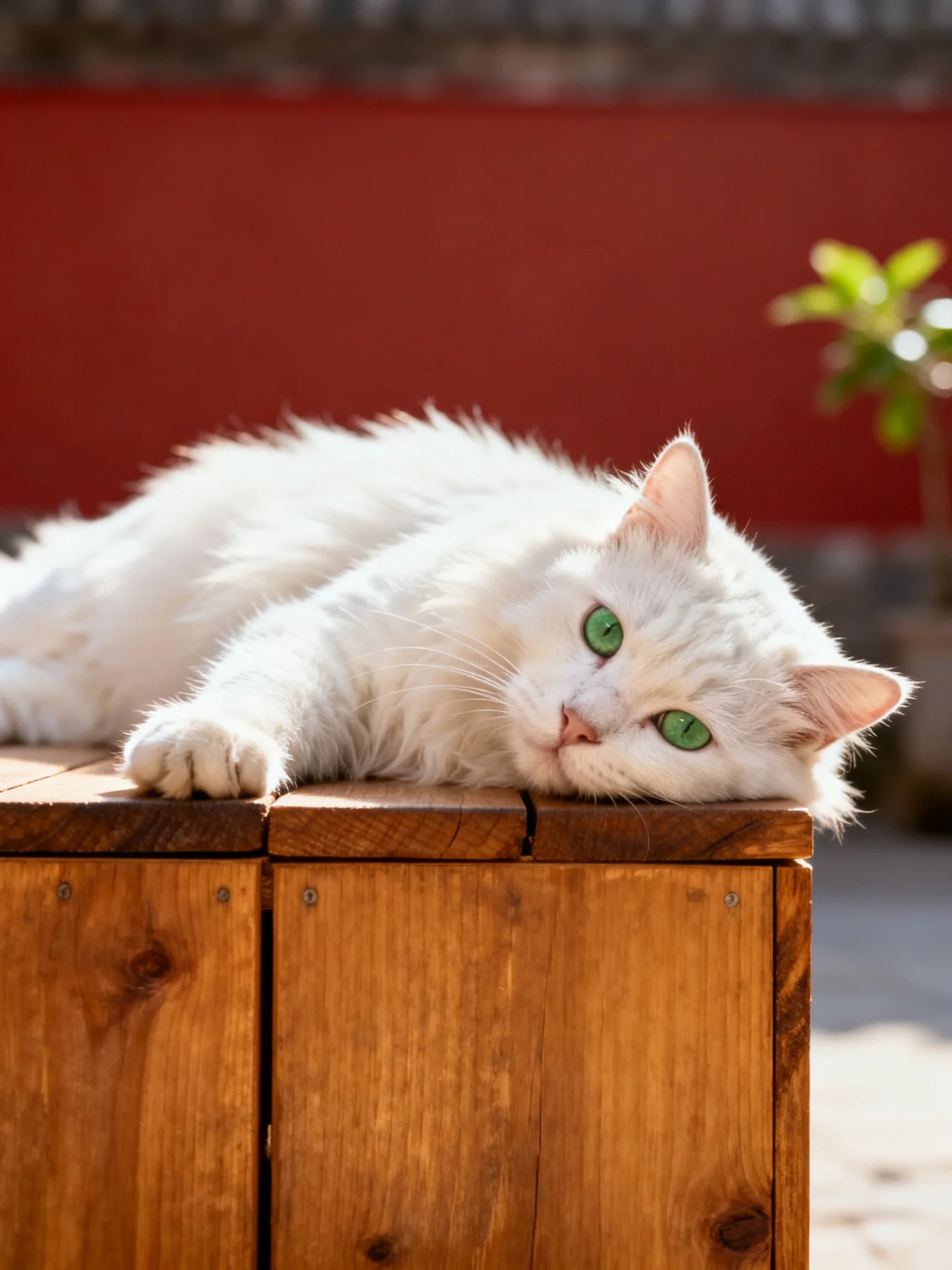 A white cat with green eyes relaxes on a wooden surface beside a red wall