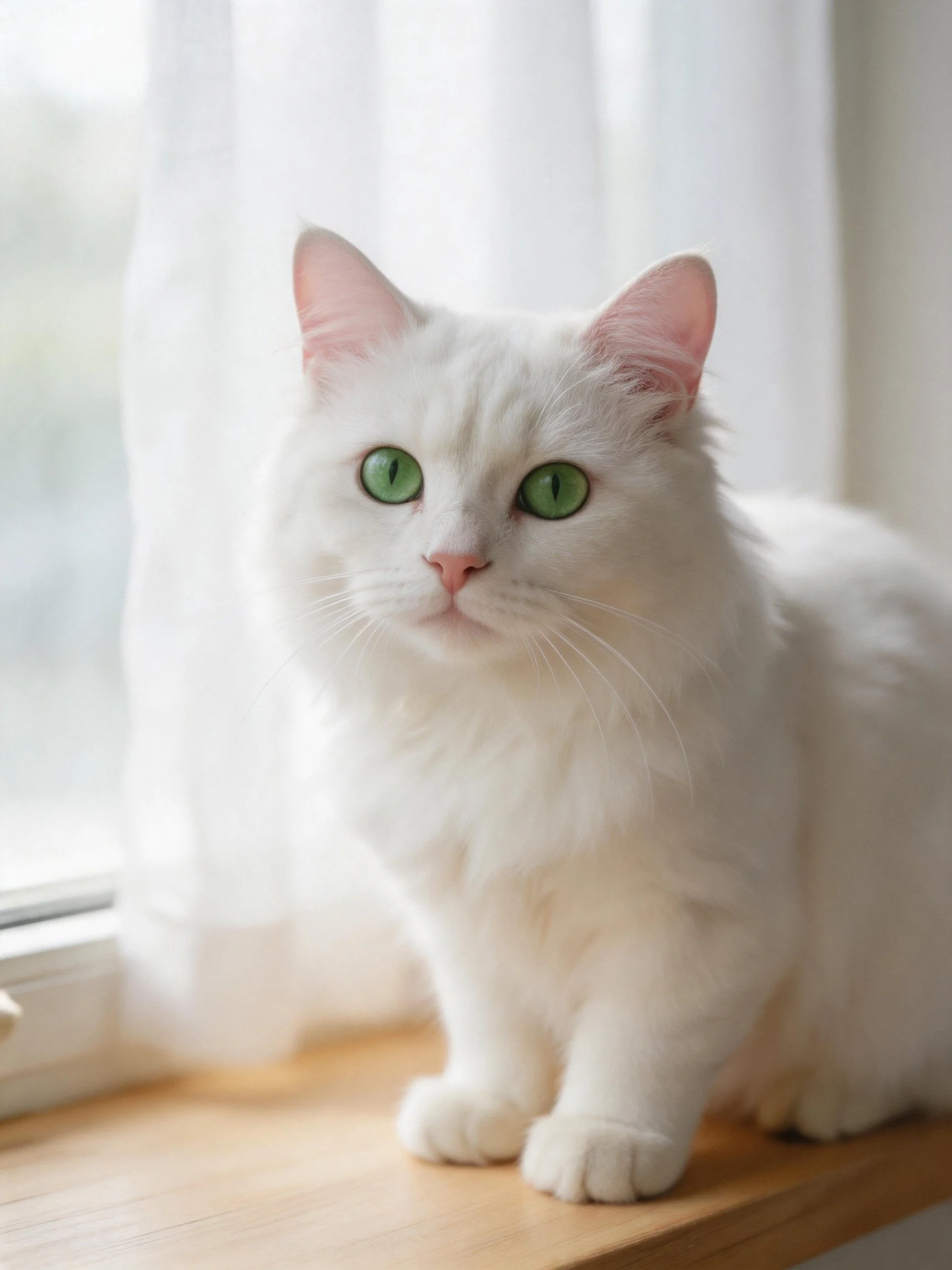 A fluffy white cat with green eyes rests on a wooden windowsill near sheer curtains.