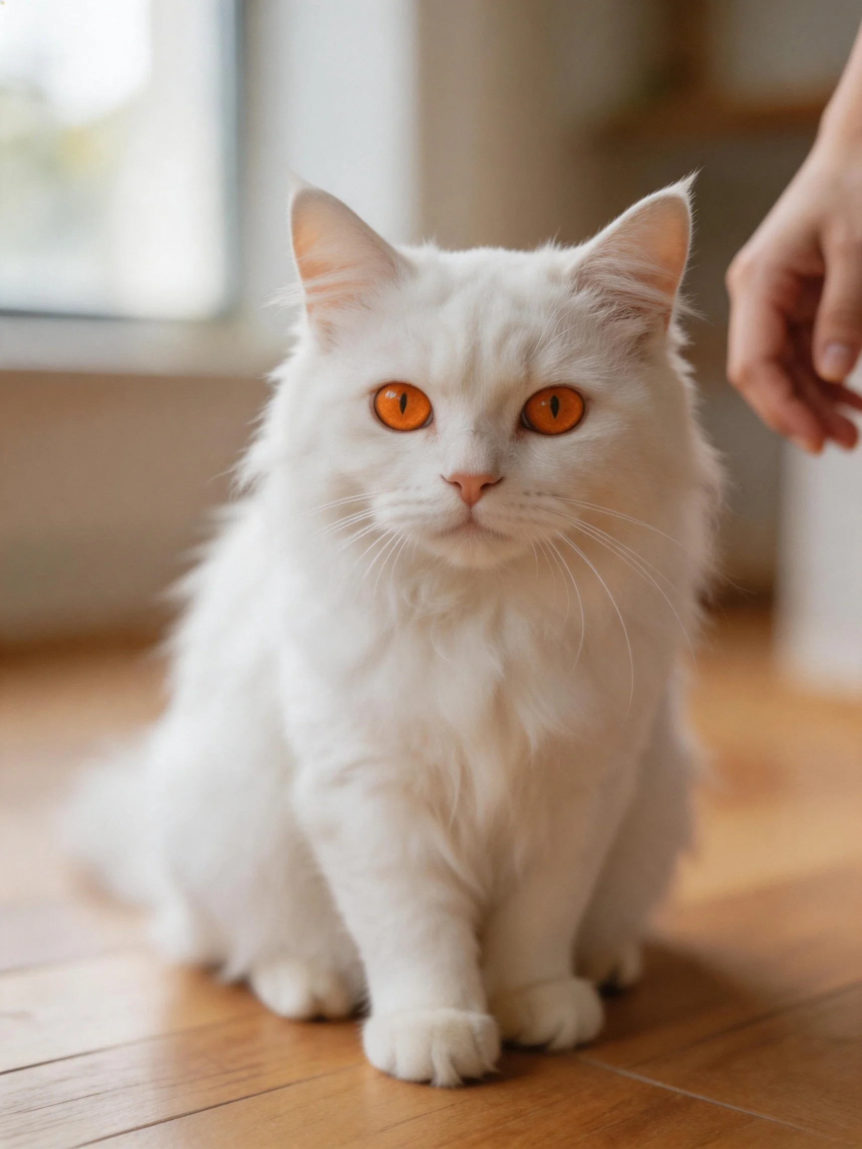 A white cat with orange eyes sits on wooden flooring near a hand.