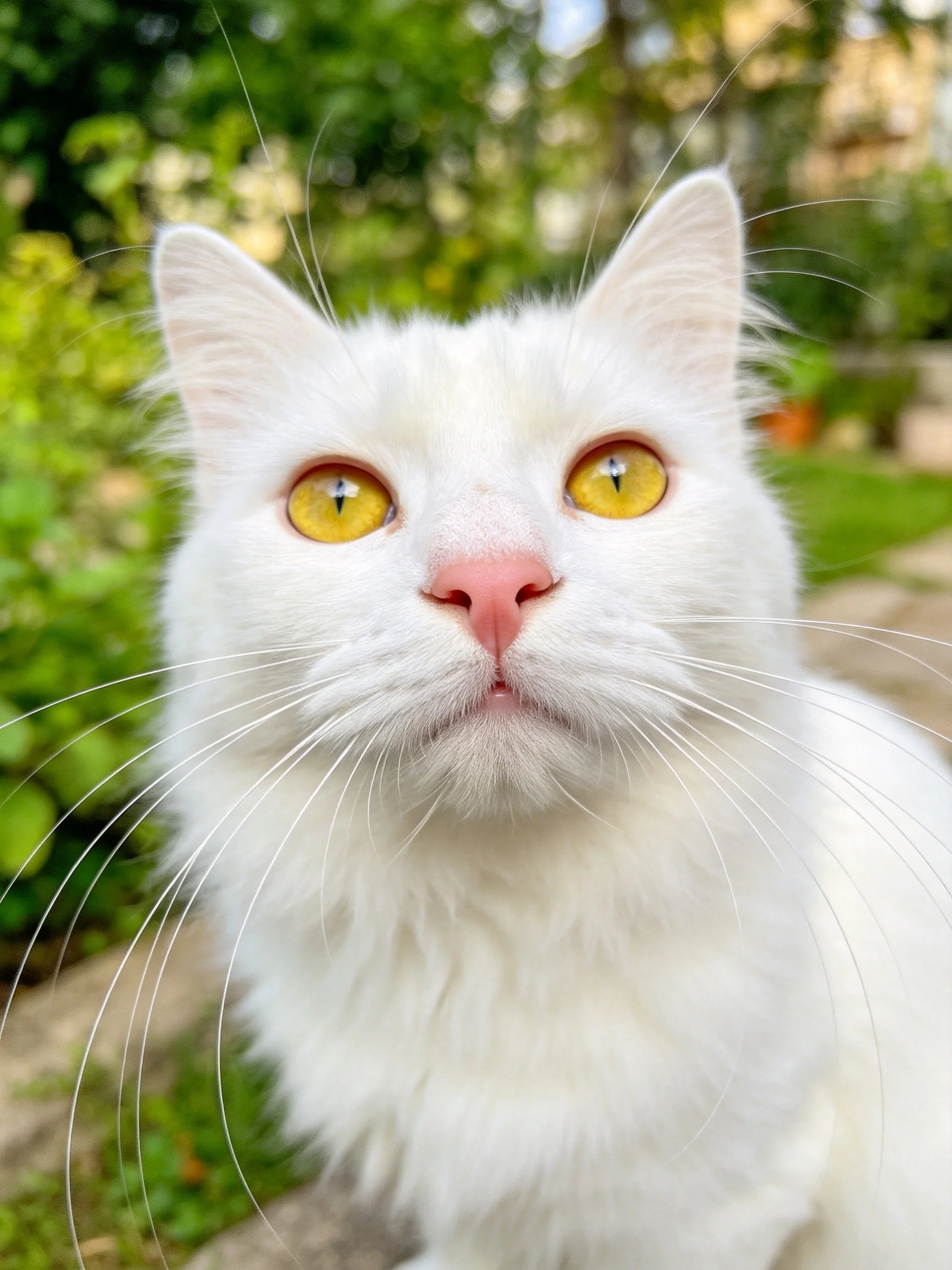 A fluffy white cat with bright yellow eyes is in a sunlit area with greenery.