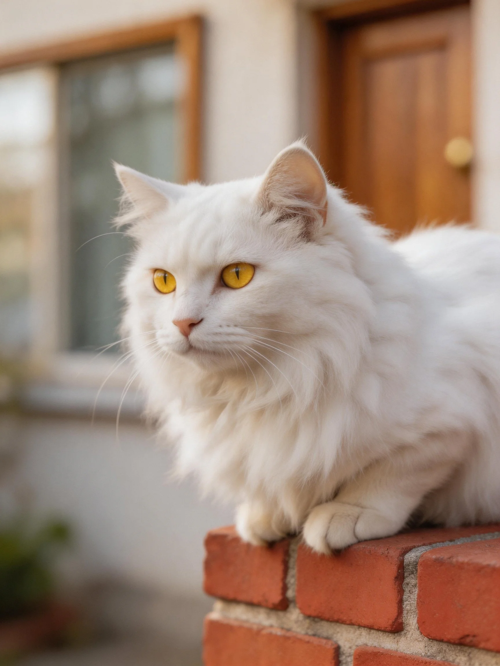 A white cat with yellow eyes rests on a red brick ledge near a house