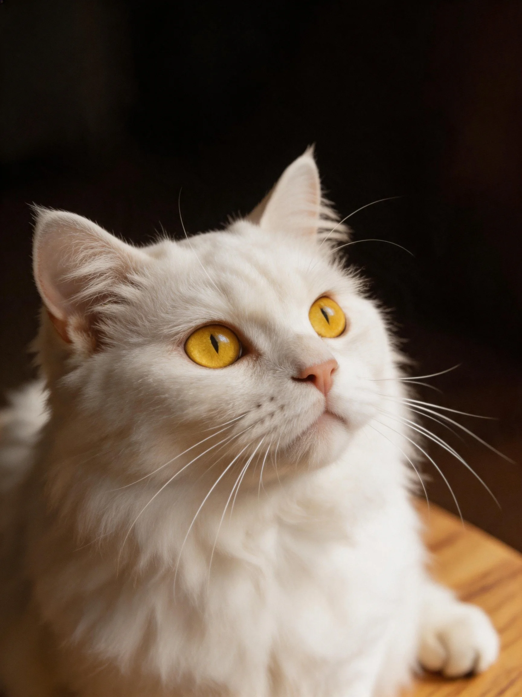 A fluffy white cat with bright yellow eyes rests on a wooden surface near a dark area.