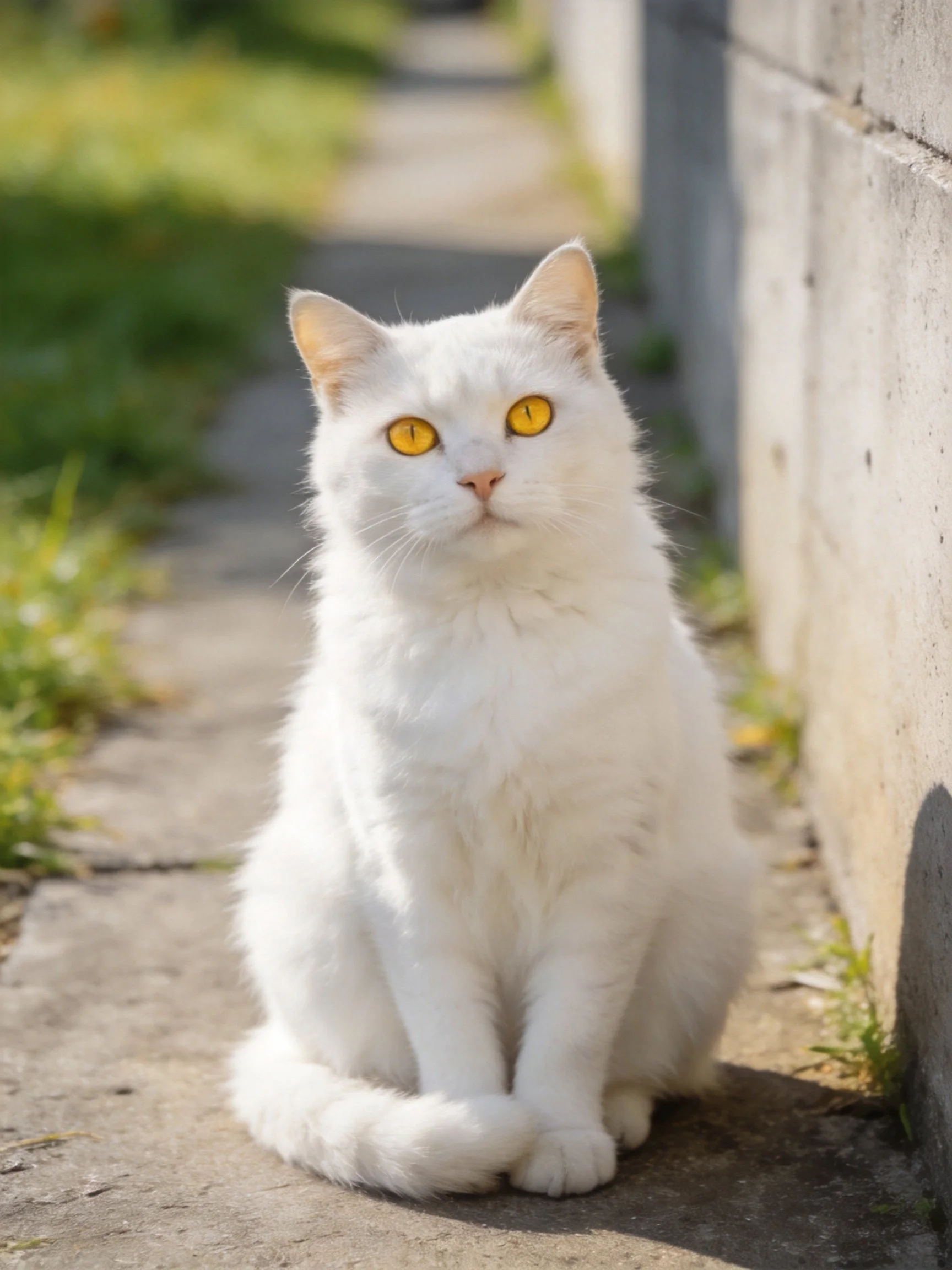 White cat with yellow eyes sits calmly beside a concrete wall outdoors.
