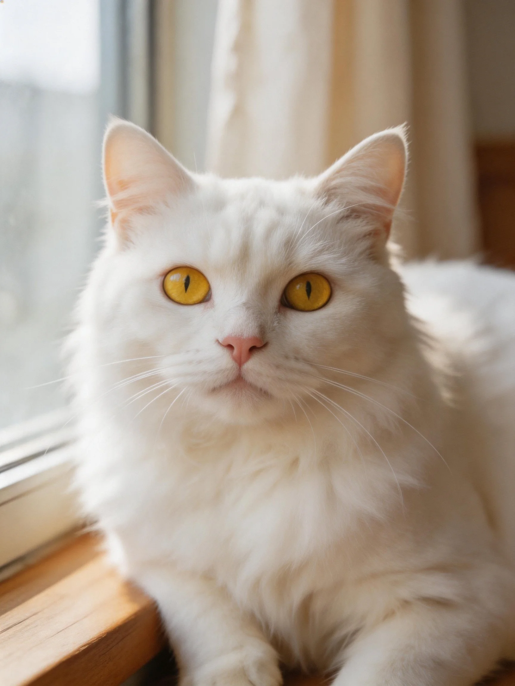A fluffy white cat with yellow eyes rests near a sunlit window