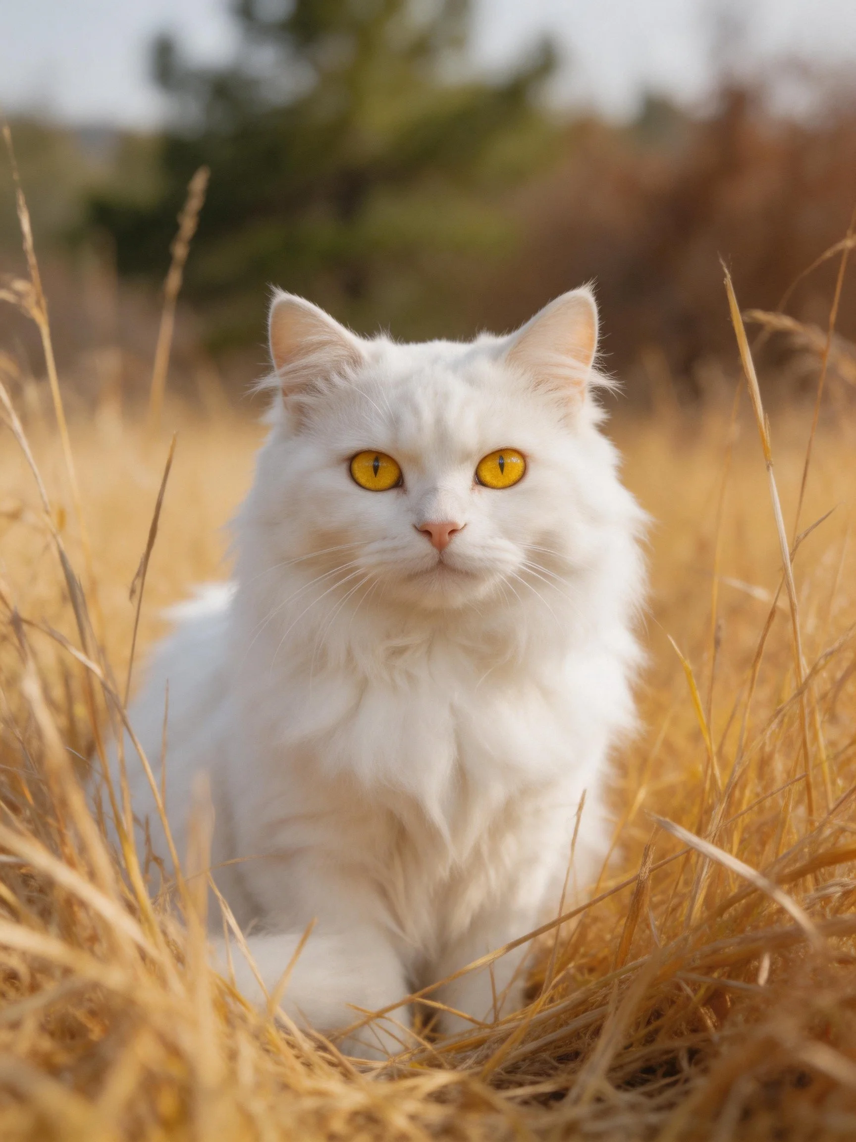 A fluffy white cat with yellow eyes rests among tall golden grass outdoors.