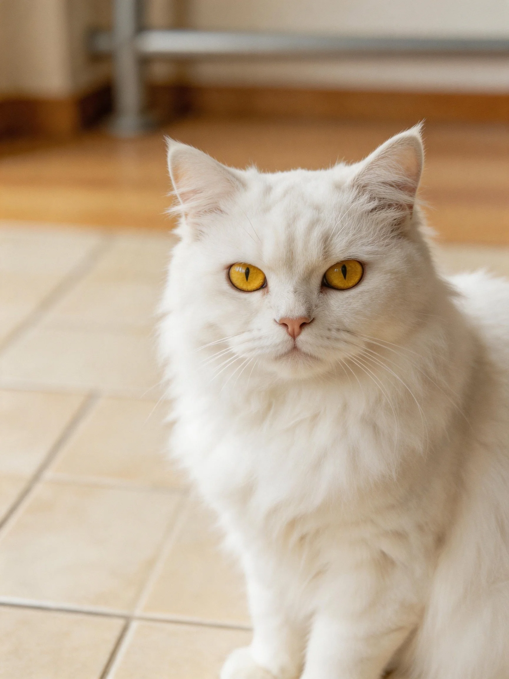A fluffy white cat with yellow eyes sits calmly on tiled flooring.