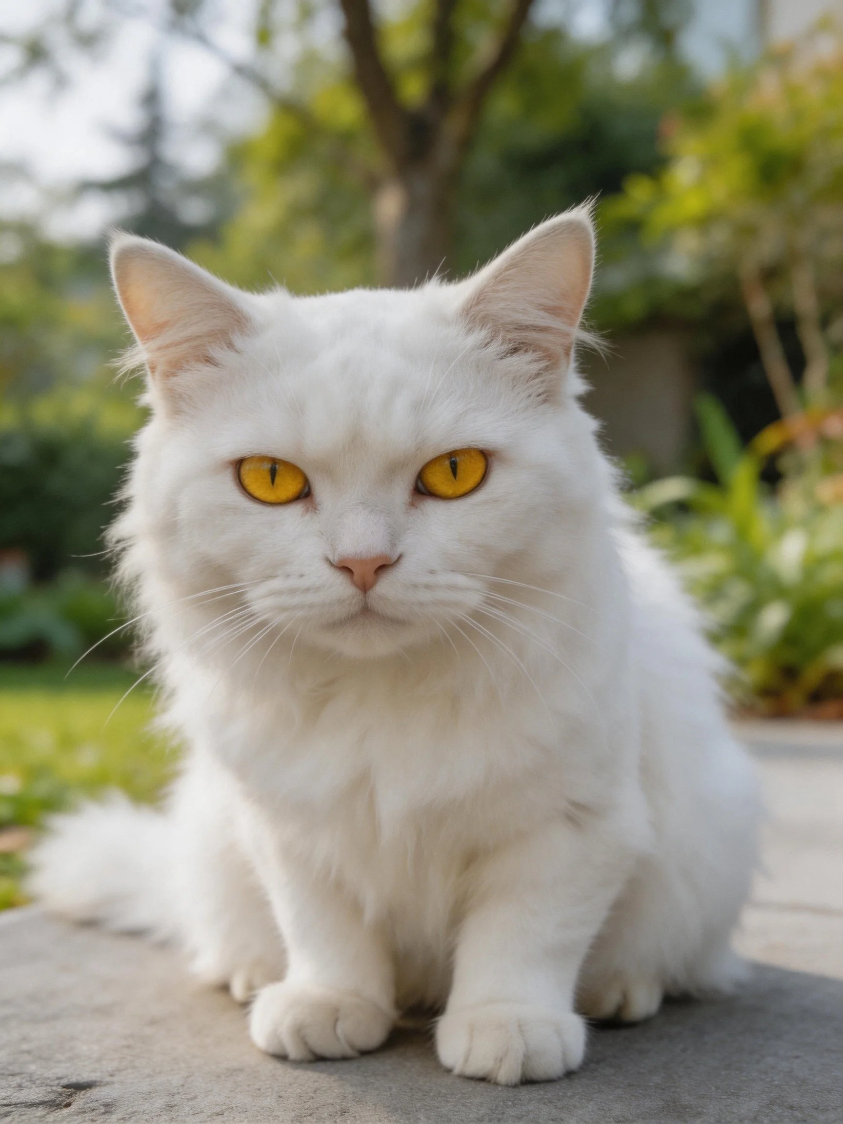 A white cat with yellow eyes rests peacefully in a garden environment
