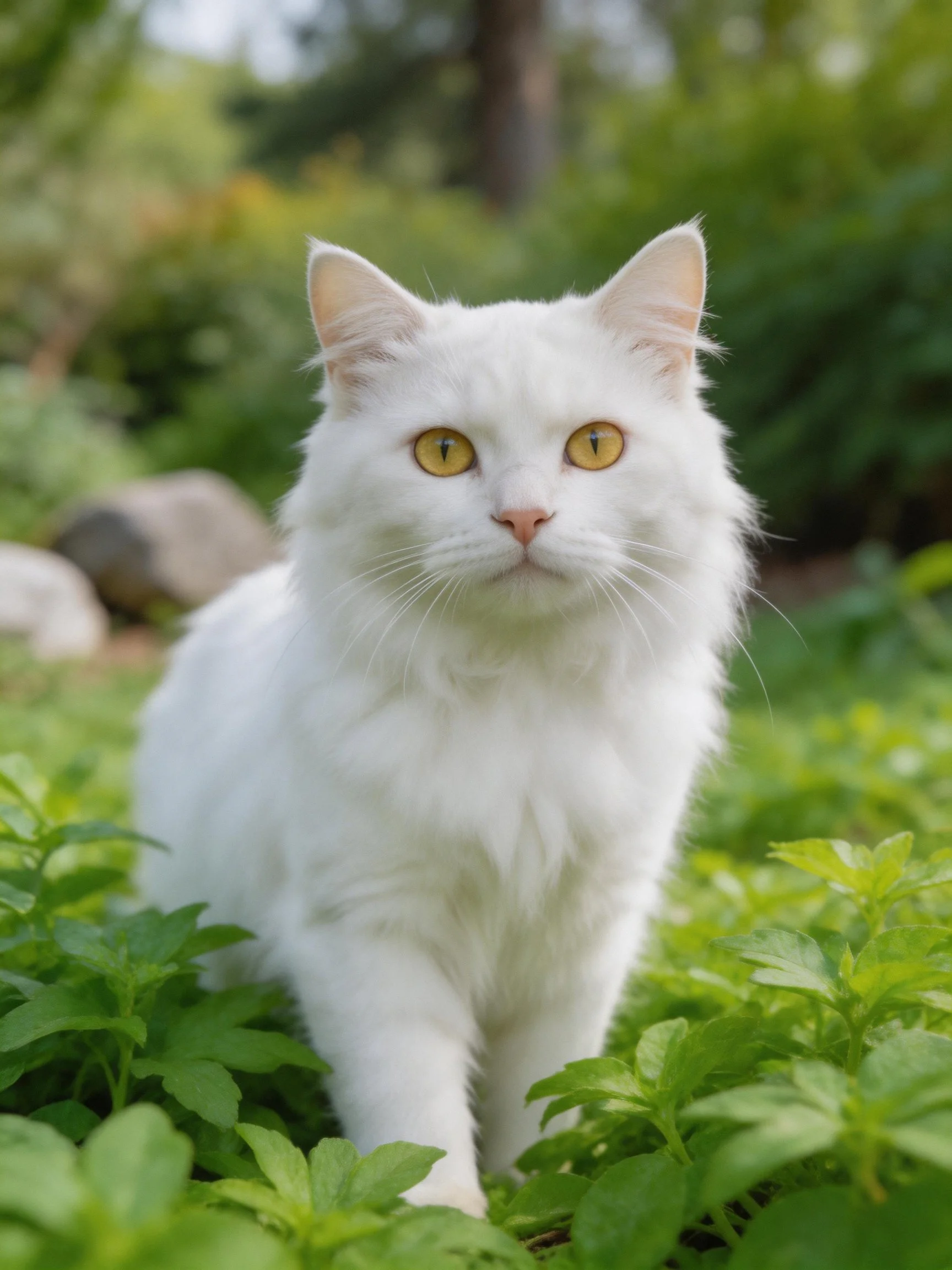 White cat with golden eyes in green outdoor plants.
