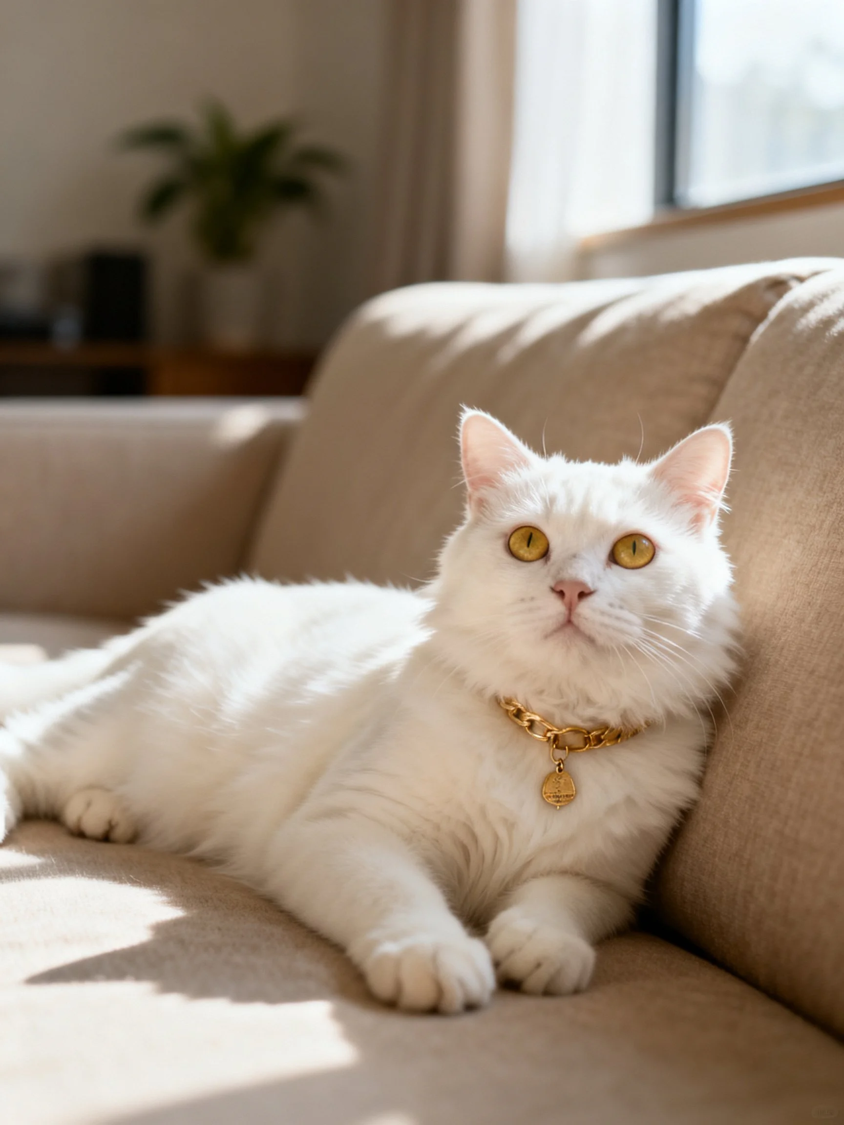 A white cat with golden eyes relaxes on a beige sofa bathed in natural light.