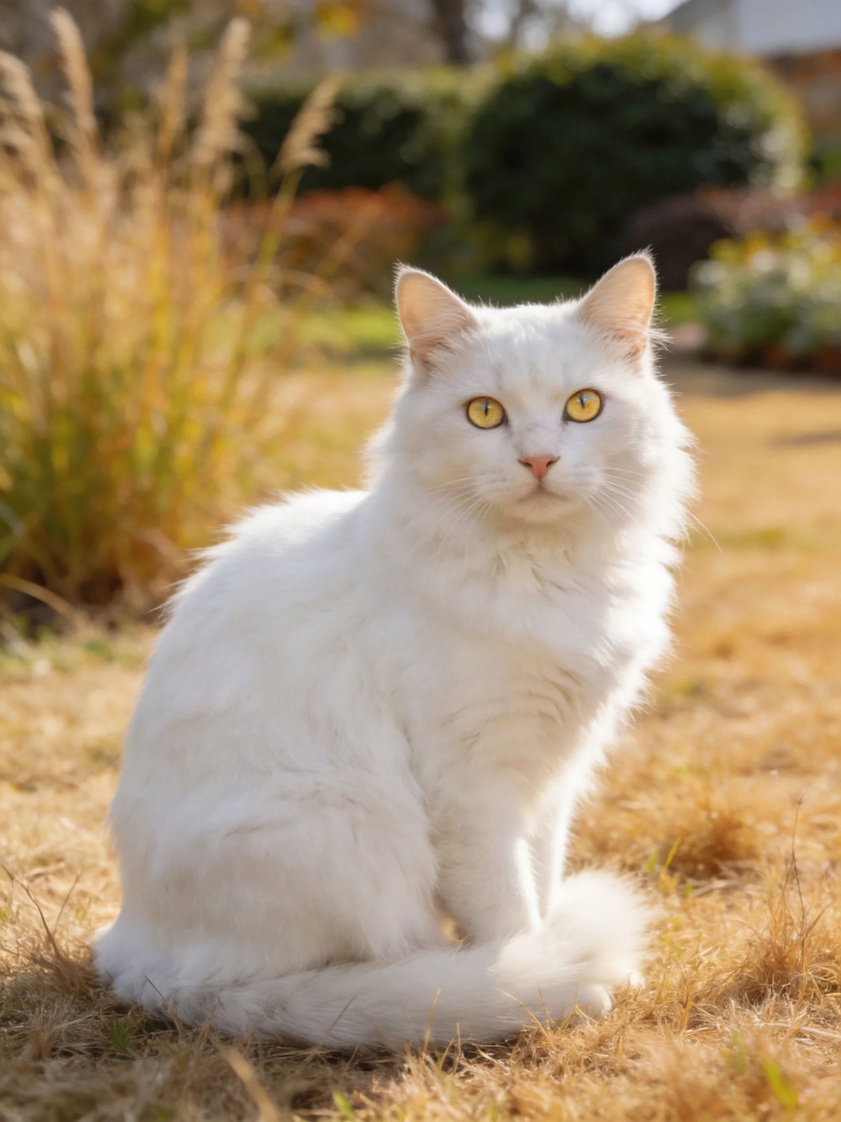A white cat with golden eyes sits on dry grass in an outdoor area.