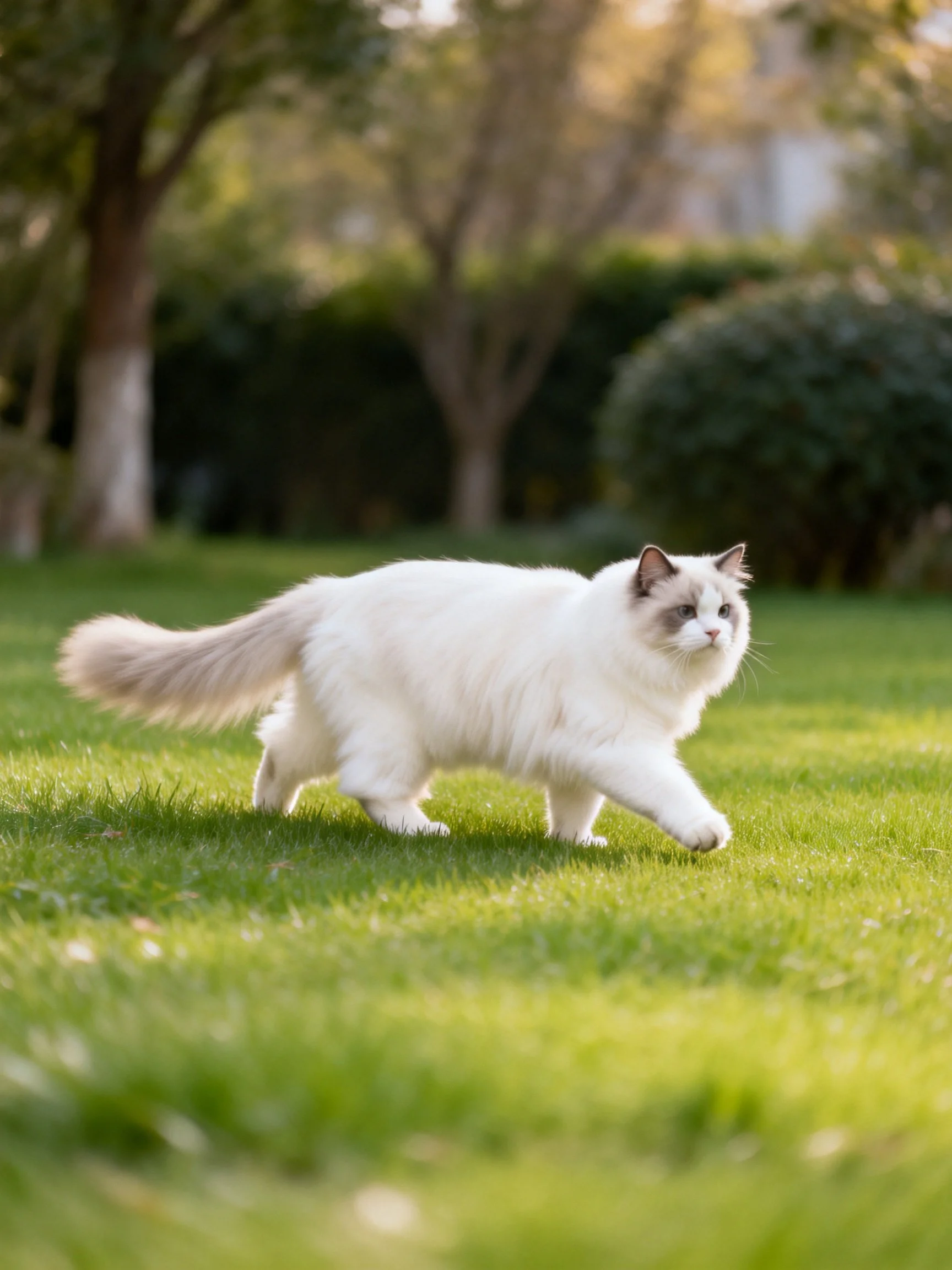 A fluffy white cat with gray markings roams a sunlit lawn