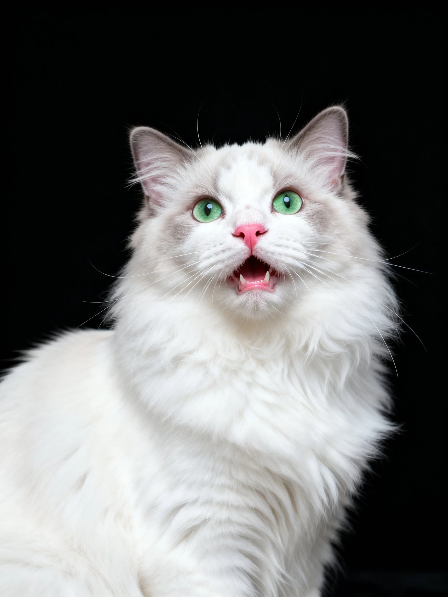 A fluffy white cat with green eyes appears alert against a black background.