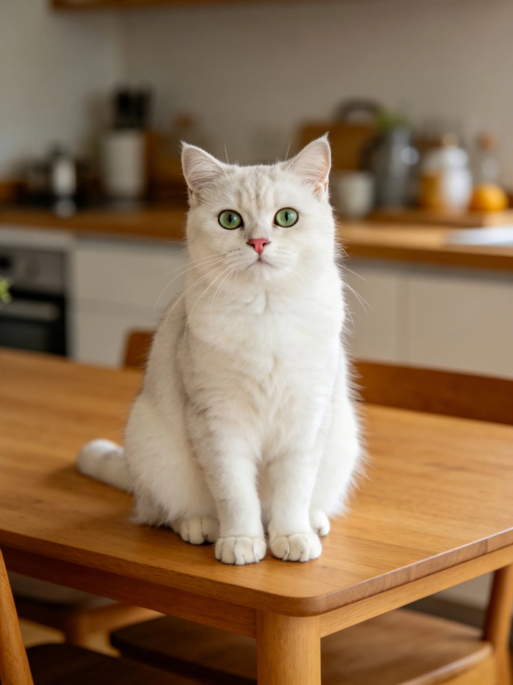 A white cat with green eyes sits on a wooden table in a cozy kitchen.