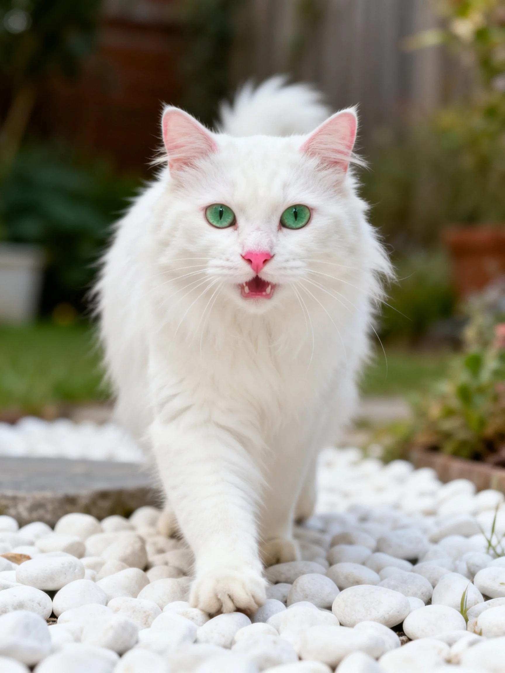 A white cat with green eyes walks on pebbles in a garden.