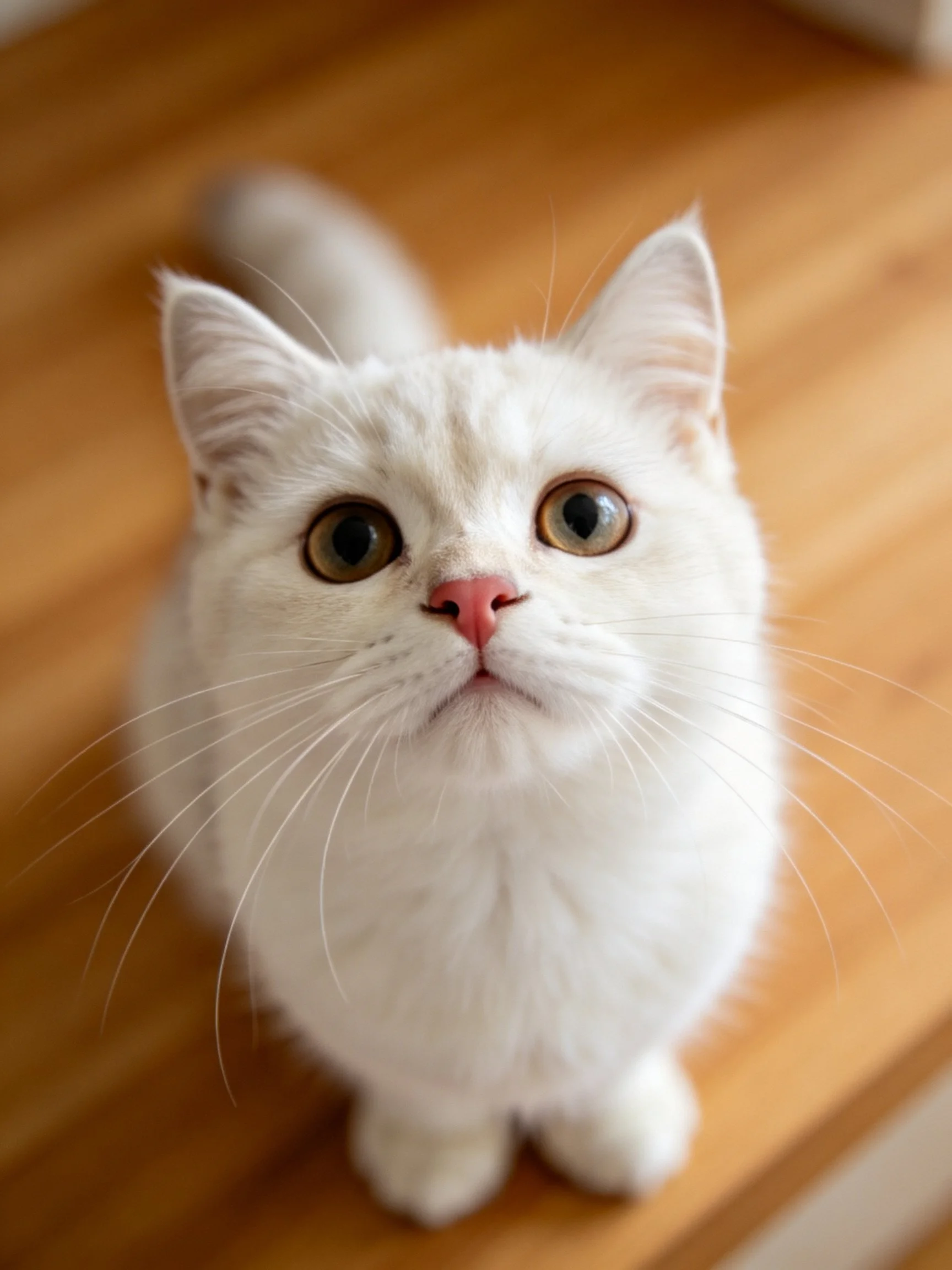 A white cat with large eyes sits on a wooden surface.