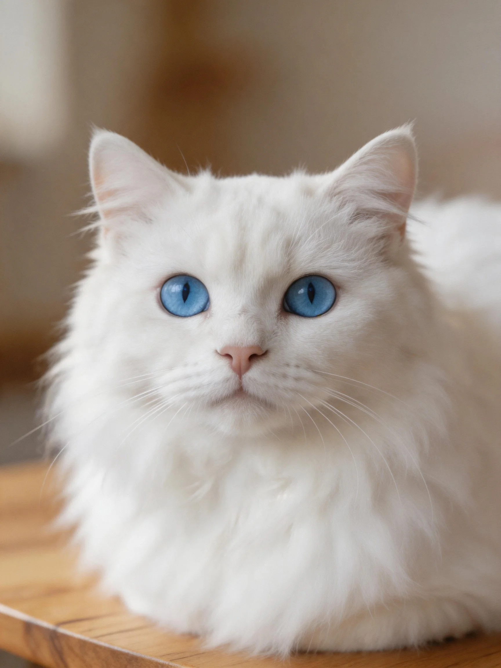 A fluffy white cat with blue eyes rests peacefully on a wooden surface.