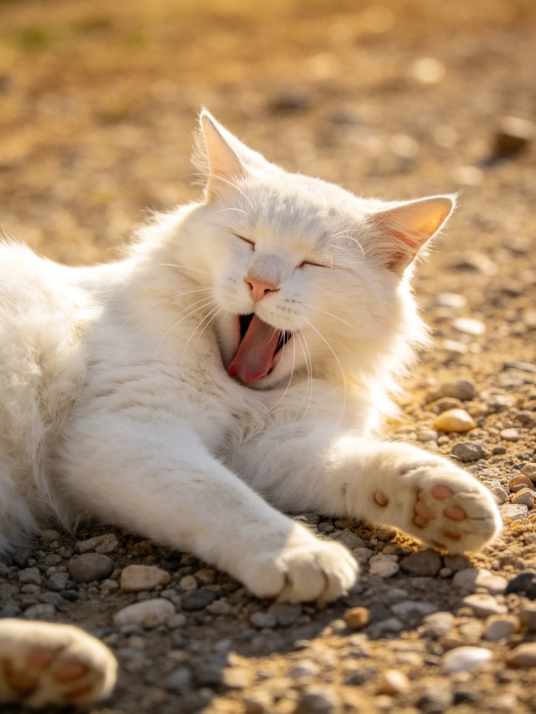 A fluffy white cat yawning on a pebbly ground under warm sunlight