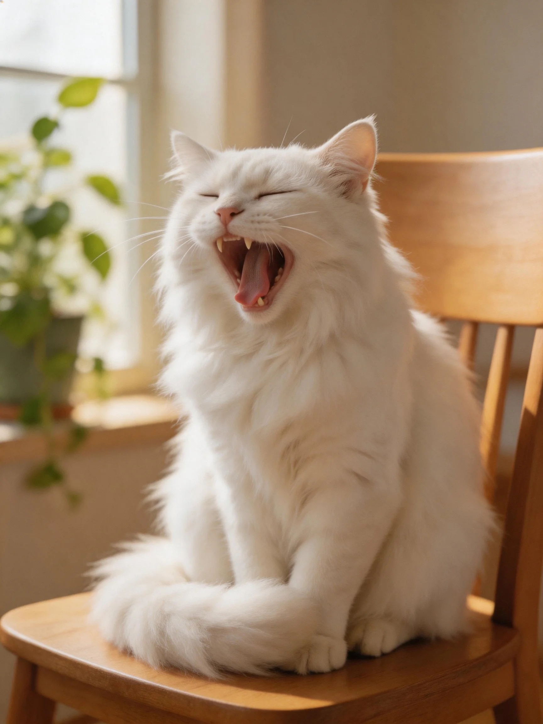 A fluffy white cat yawning on a wooden chair by a sunlit window
