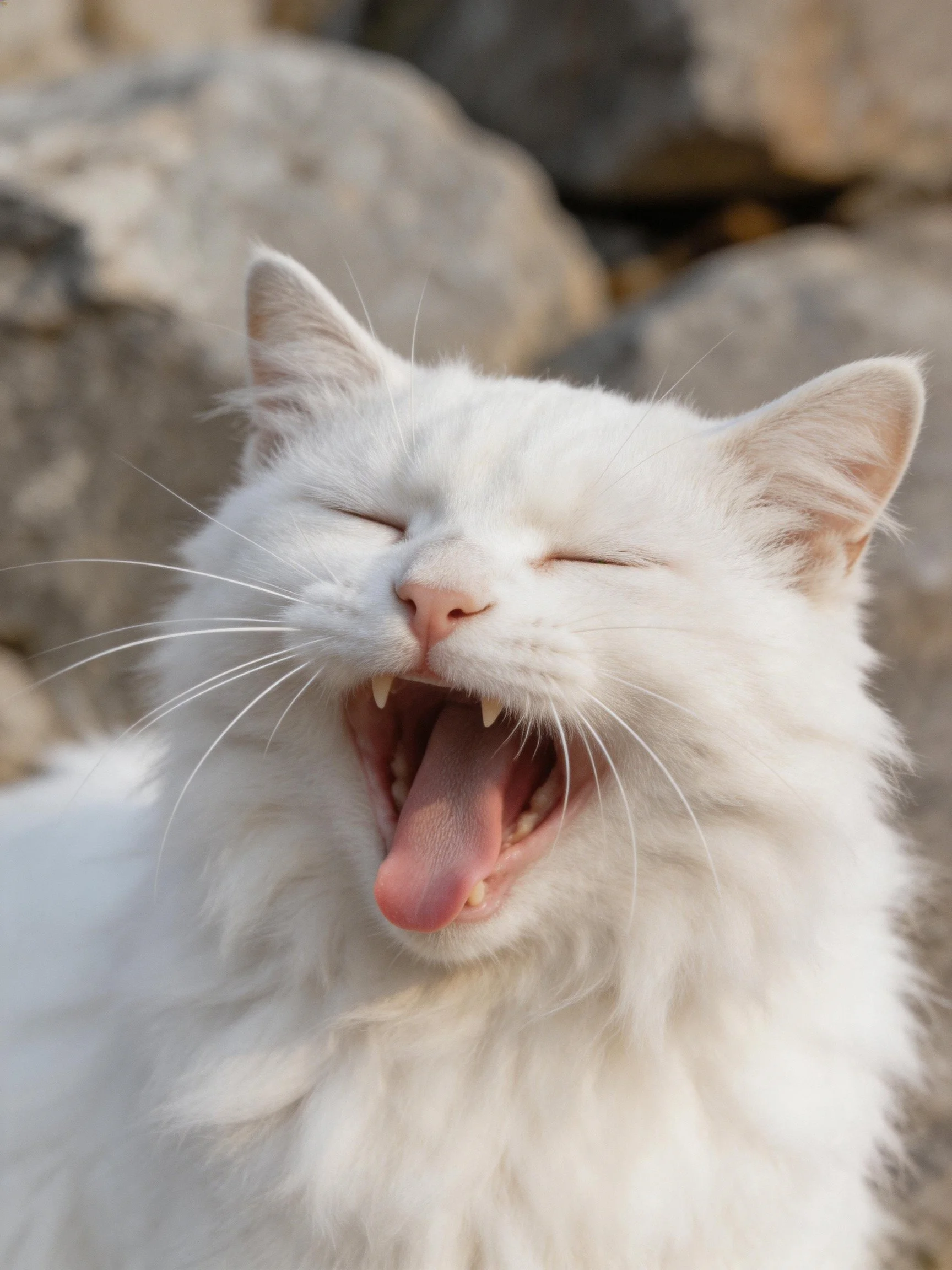 A fluffy white cat yawning with closed eyes near rocks