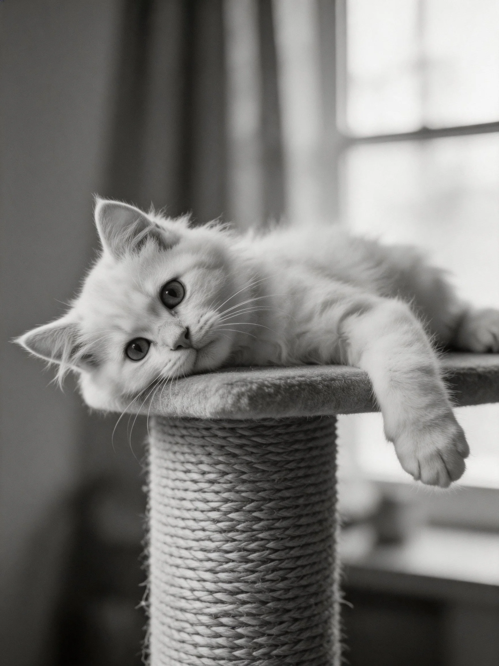 A fluffy white kitten relaxes on a scratching post near a window.