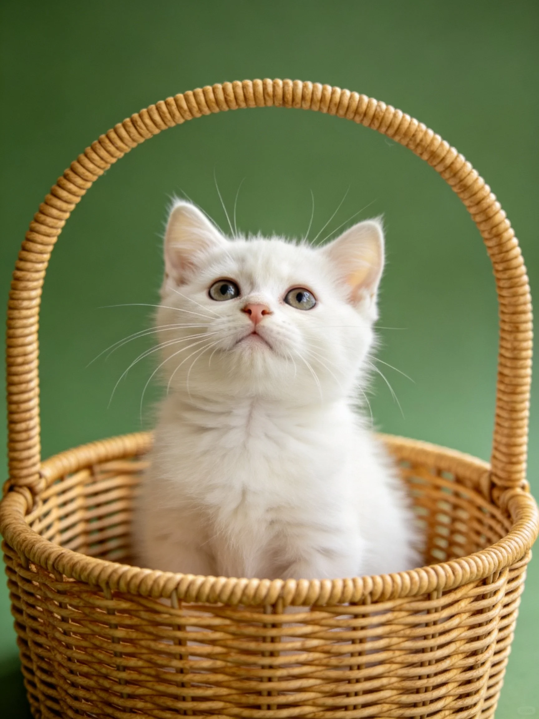 A fluffy white kitten sits inside a brown wicker basket with a green background.