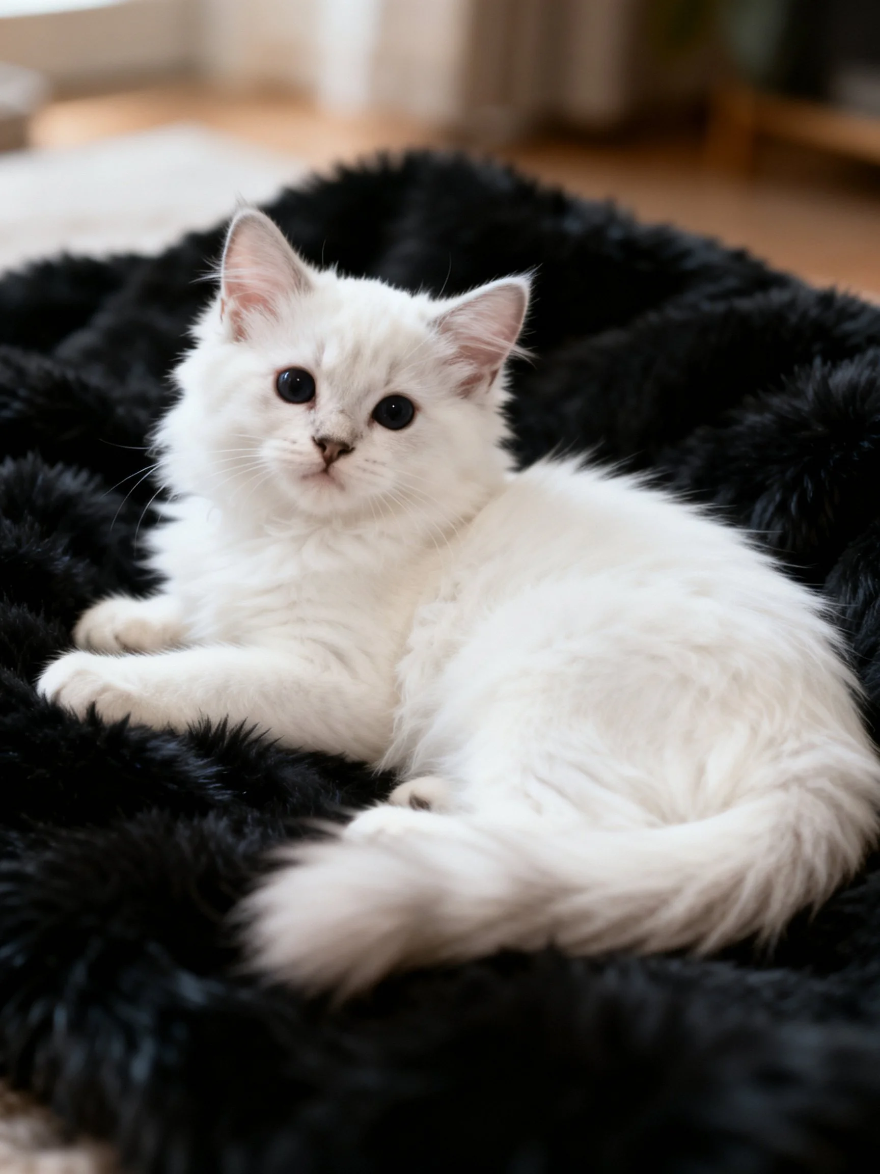 A fluffy white kitten rests on a plush black cushion