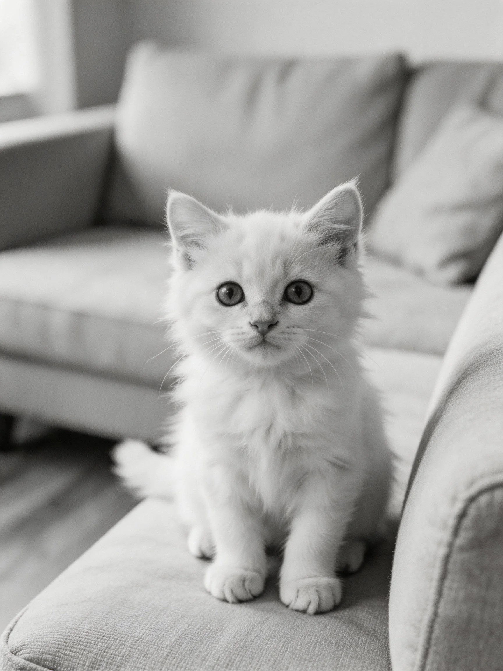 A fluffy white kitten sits on a cushioned sofa in a bright living room