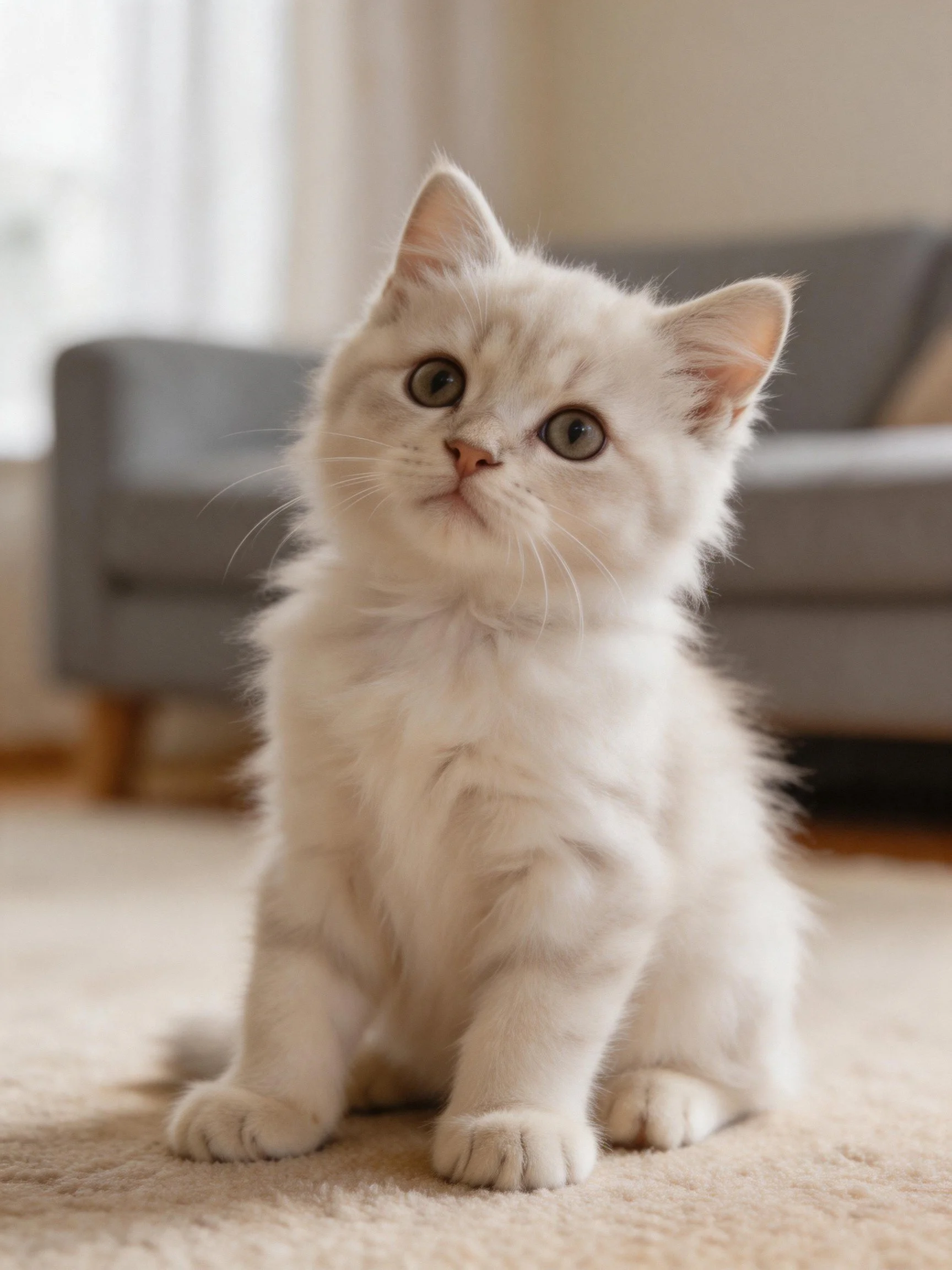A fluffy white kitten sitting on a beige carpet near a gray sofa