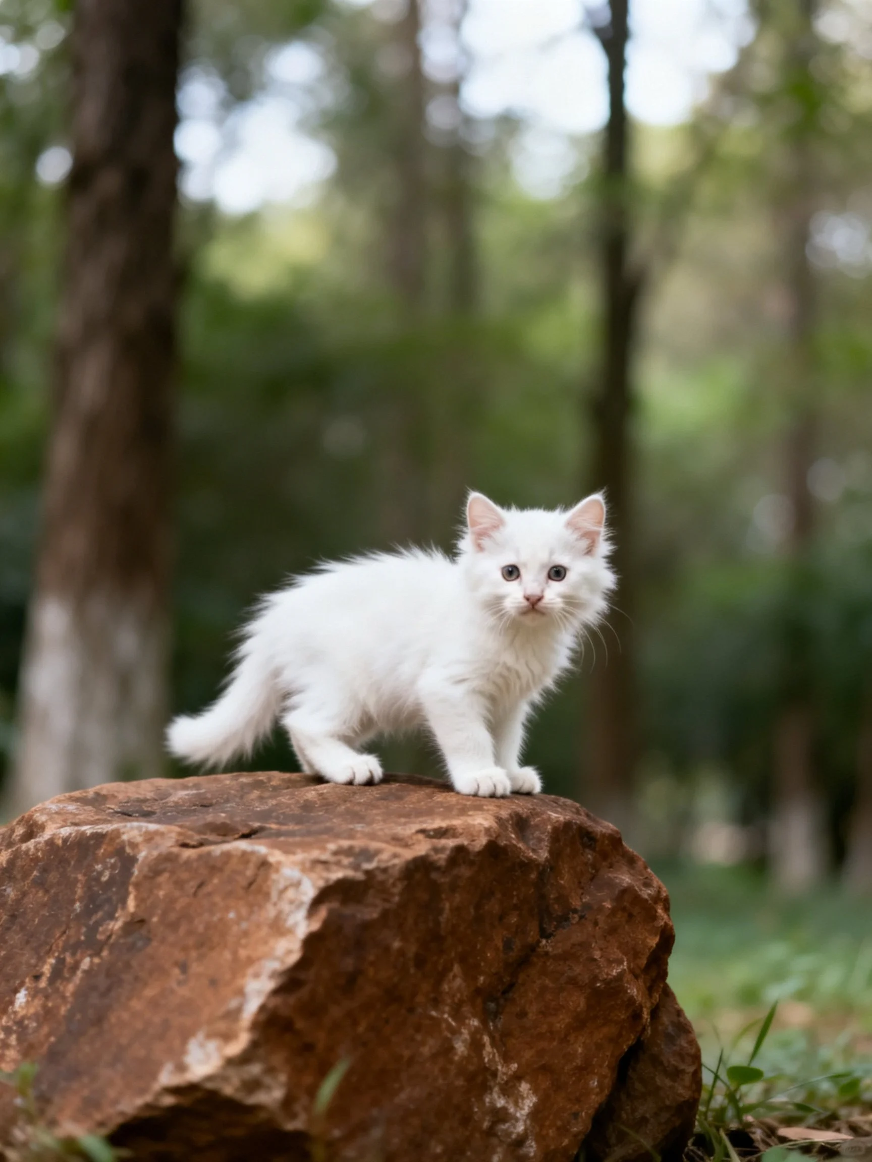A fluffy white kitten stands on a large brown rock in a wooded setting