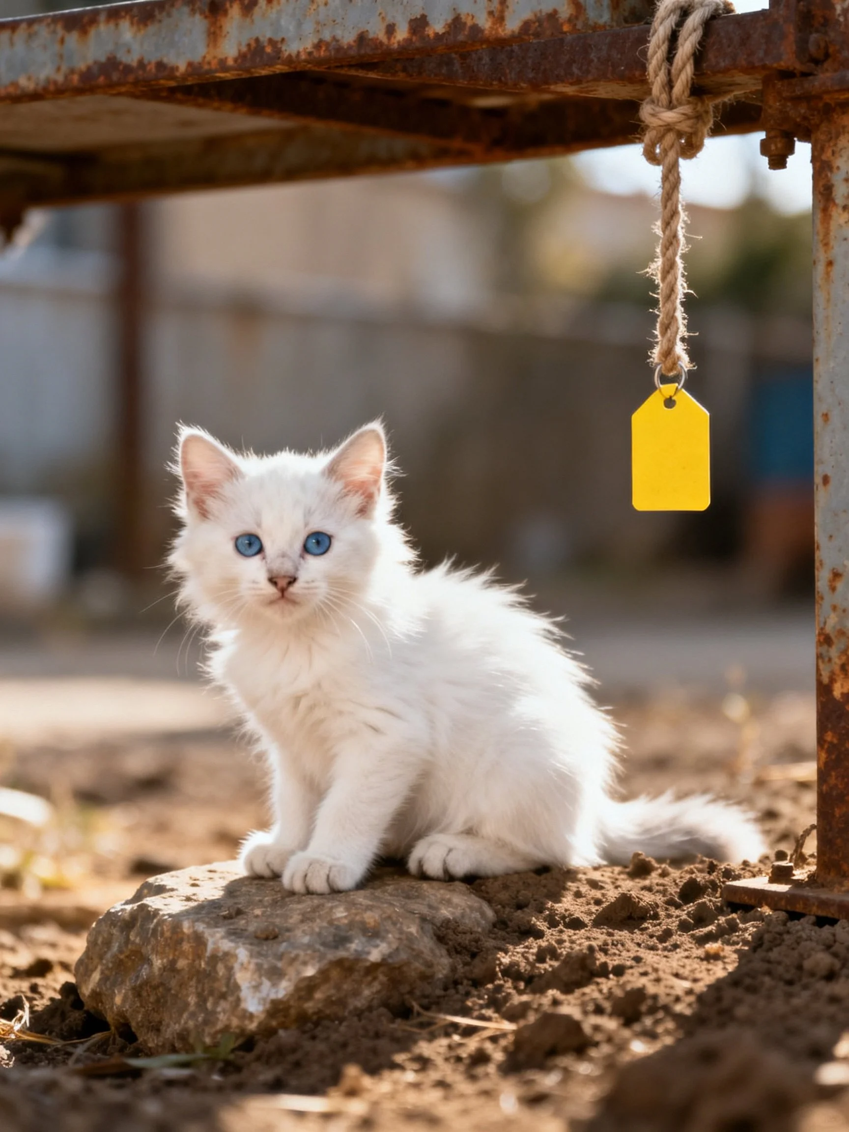 A white kitten with blue eyes sits near a rusted metal structure.